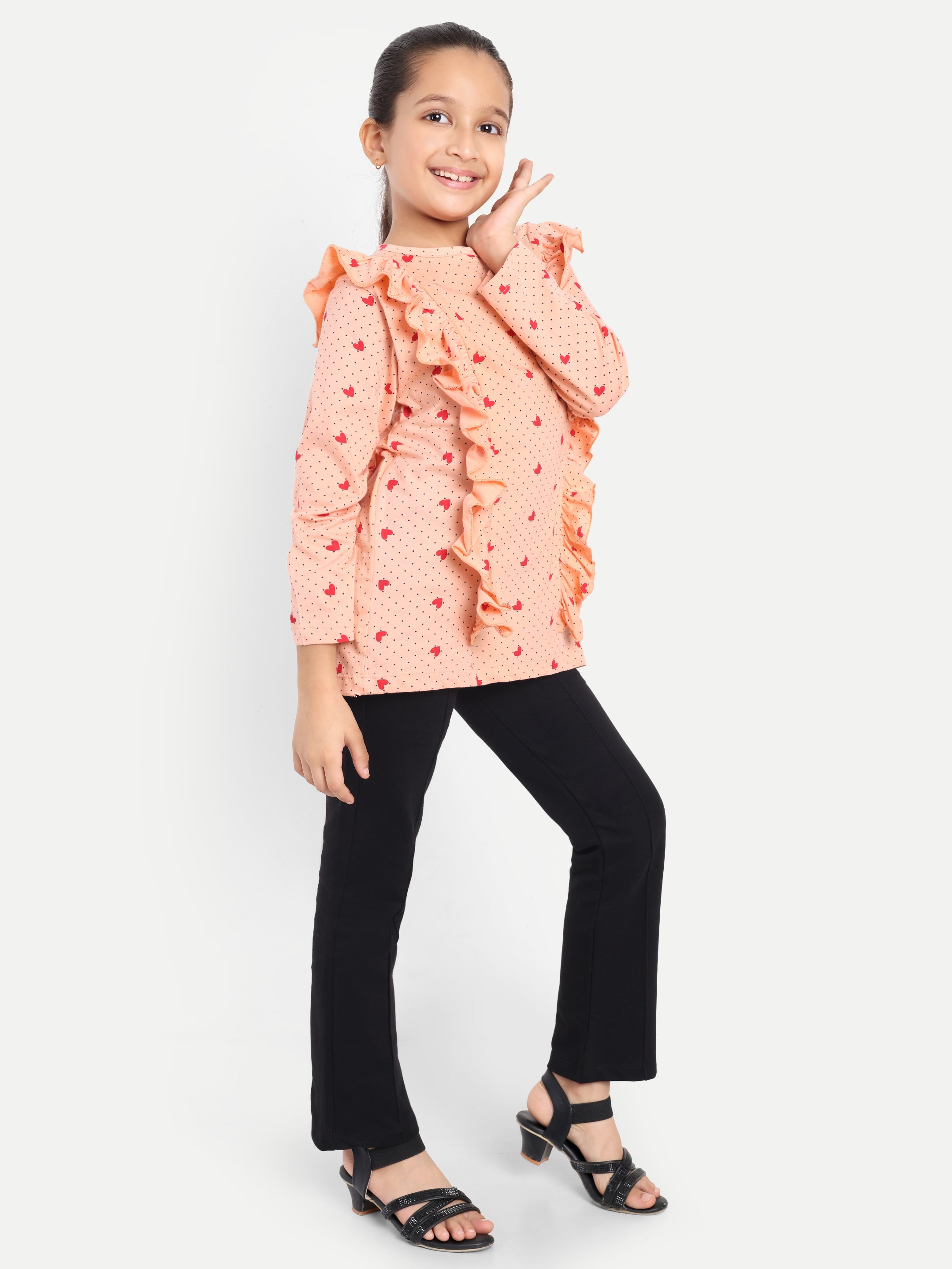 Cotton Knit Full Sleeves Hearts Printed Ruffle Top and Lounge Pant