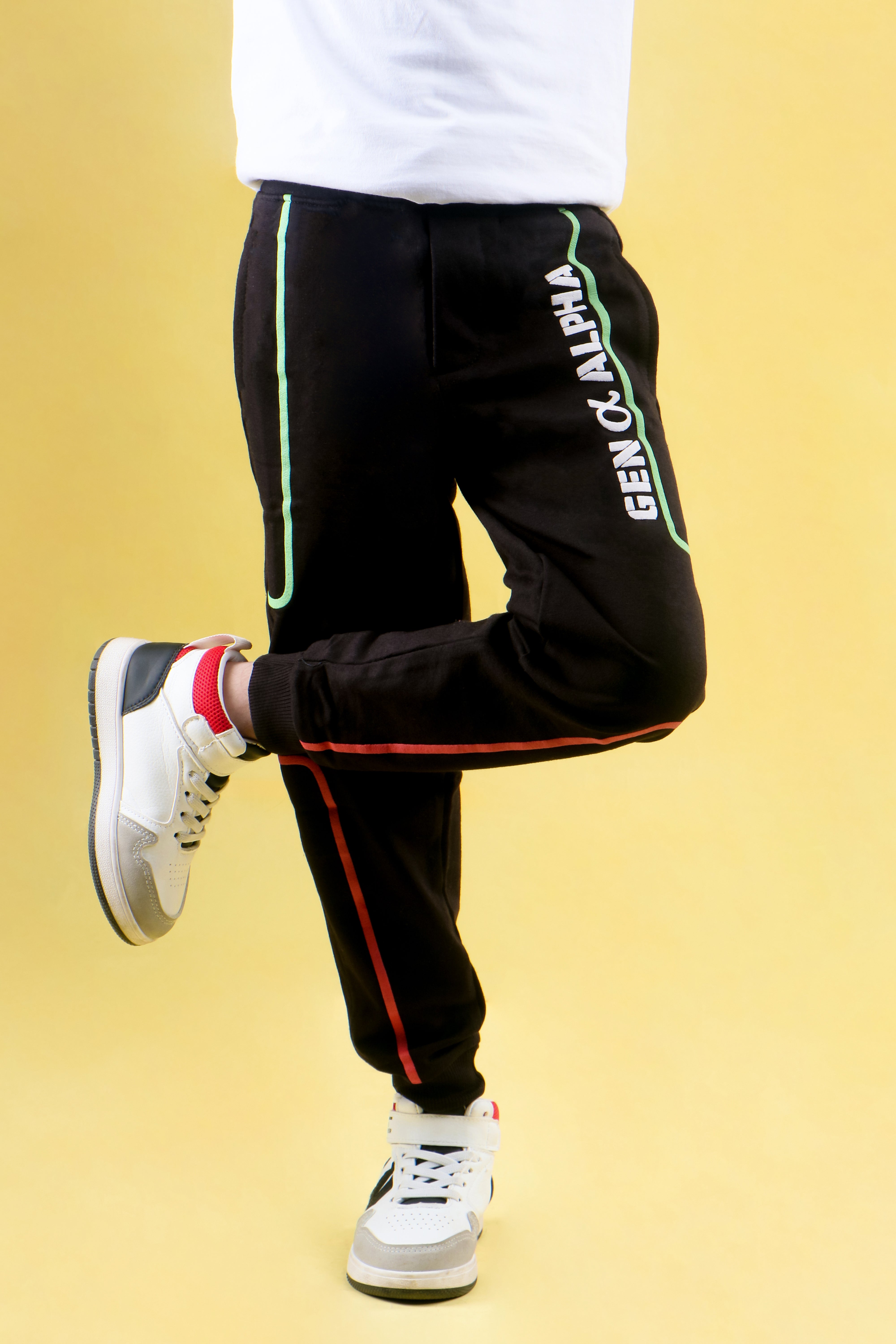 Cotton Loopknit Full Length Puff Lines Gen Alpha Printed Joggers - Black