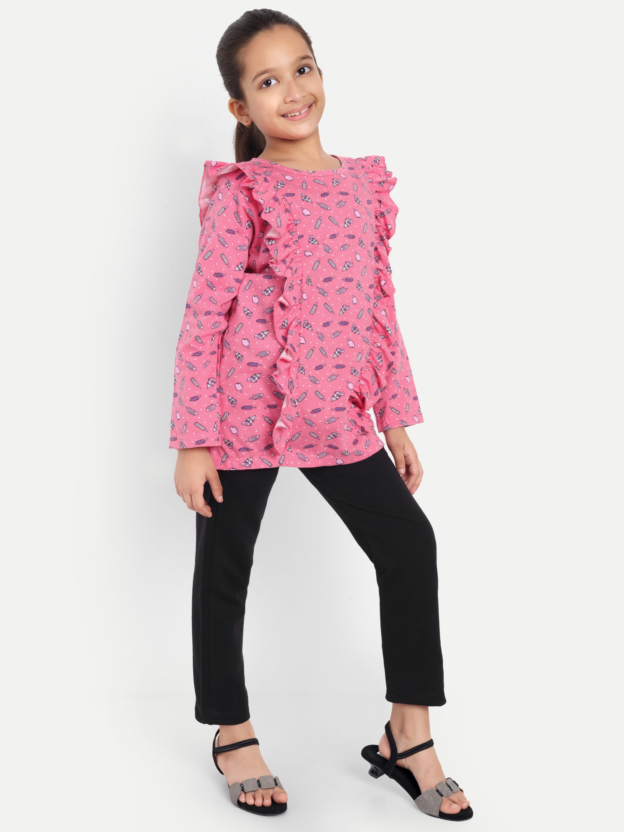 Cotton Knit Full Sleeves Icecream Printed Top with Frills and Lounge Pant