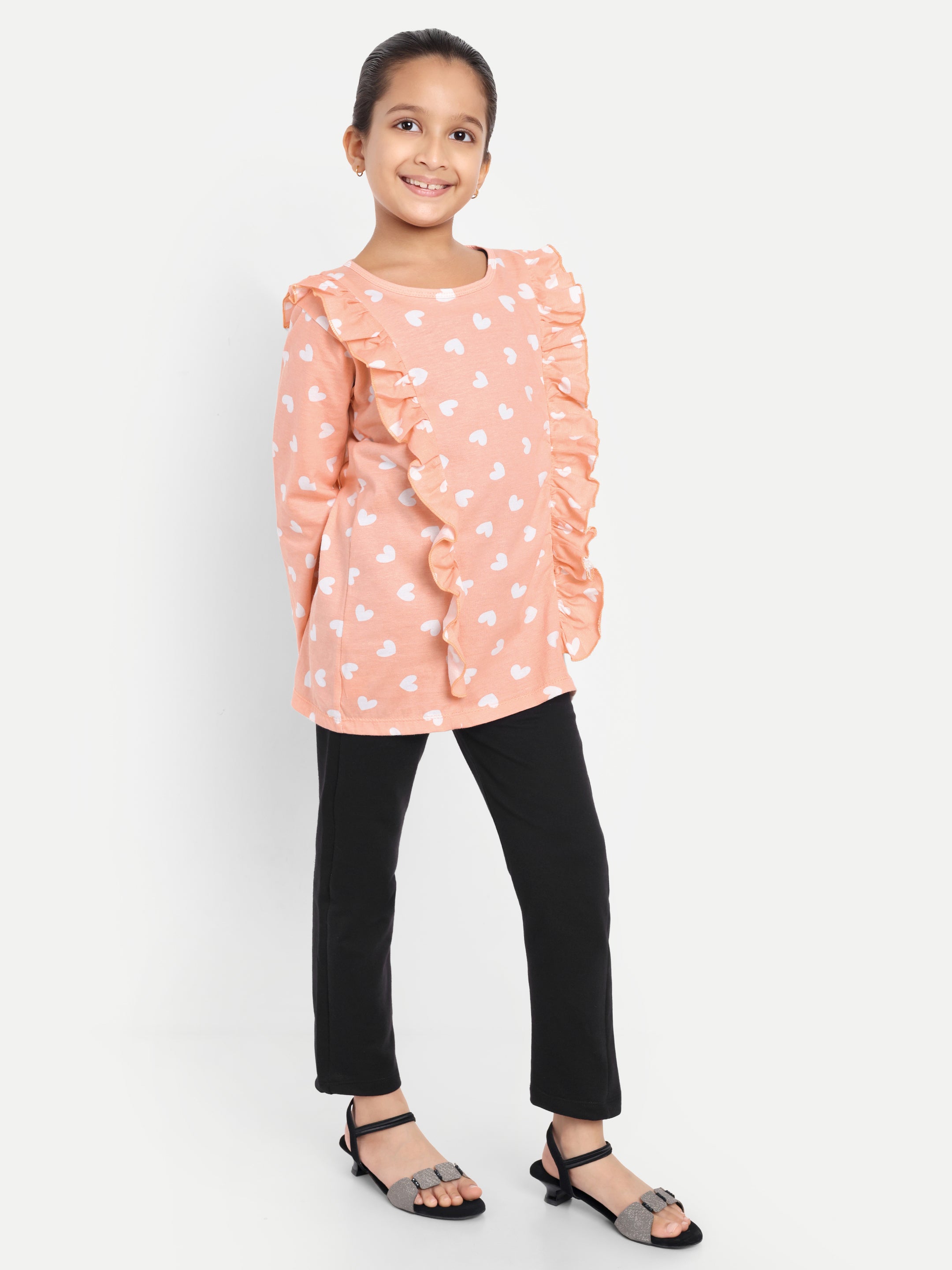 Cotton Knit Full Sleeves Hearts Printed Top with Frills and Lounge Pant