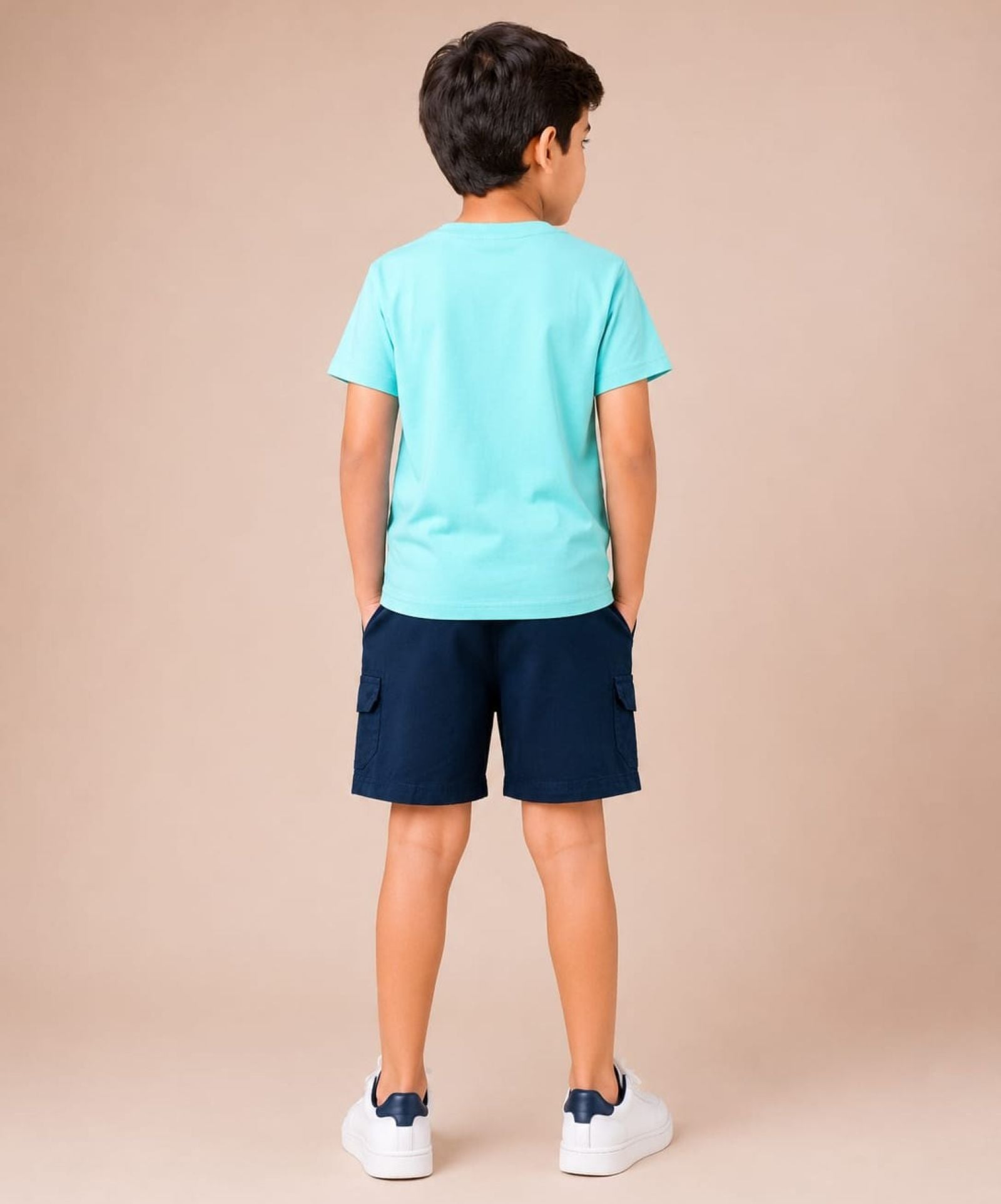 Cotton Knit Lycra Half Sleeves Printed Tee and Woven Cargo Shorts Set - Seagreen & Navy