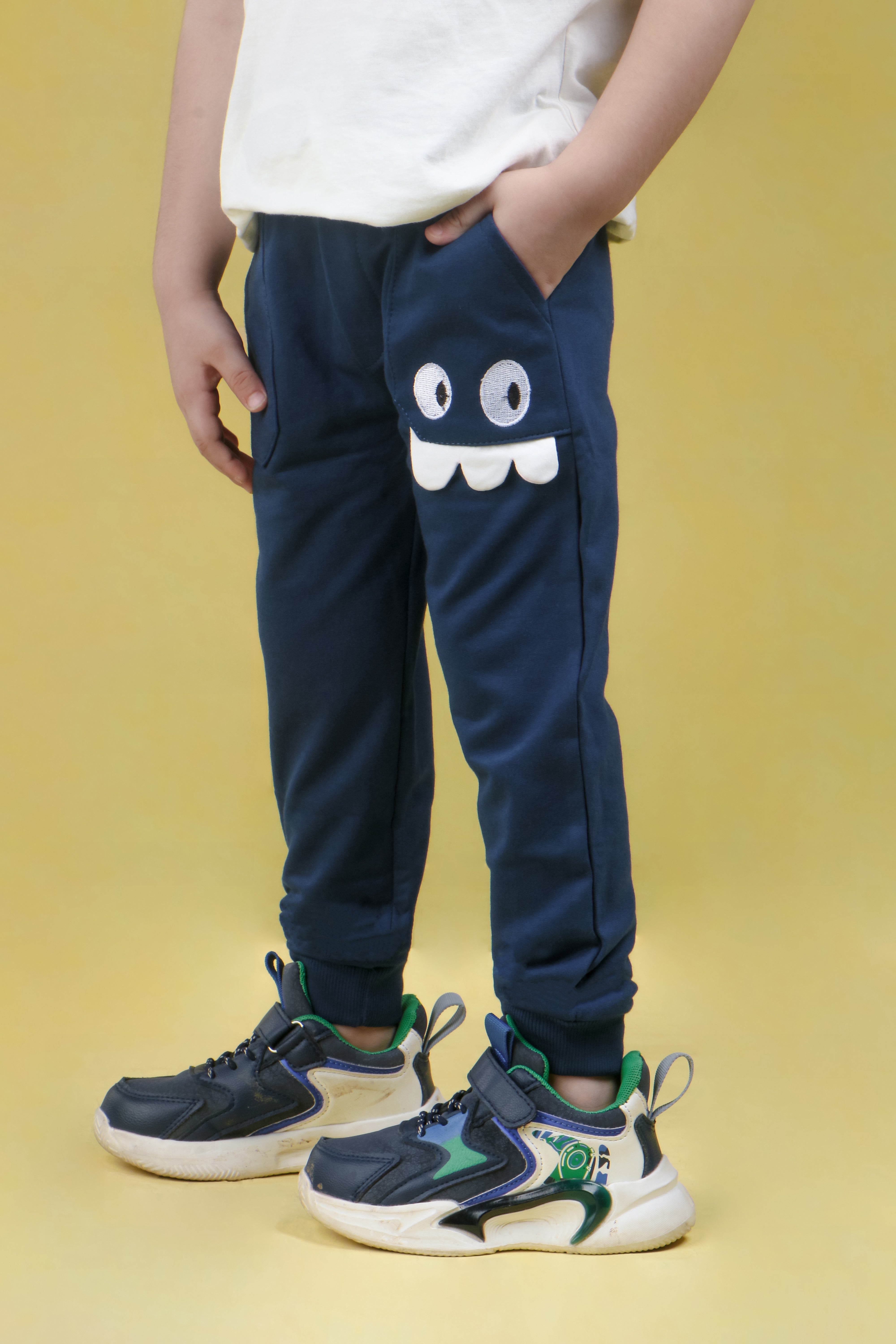 Cotton Loopknit Monster Pocket Joggers With Rib And Drawstring - Blue