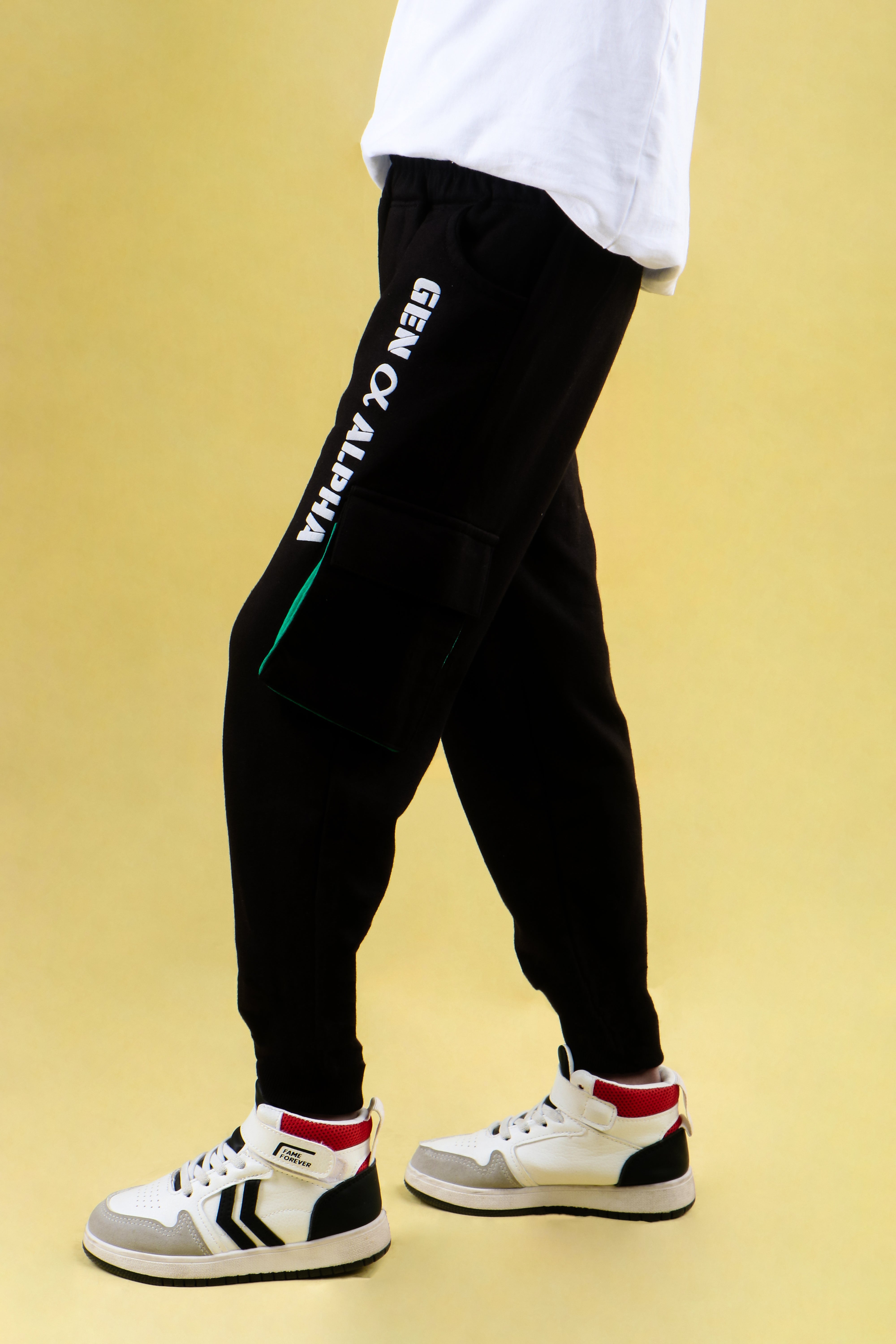 Cotton Looper Full Length Fancy Box Pocketed Gen Alpha Printed Joggers - Black