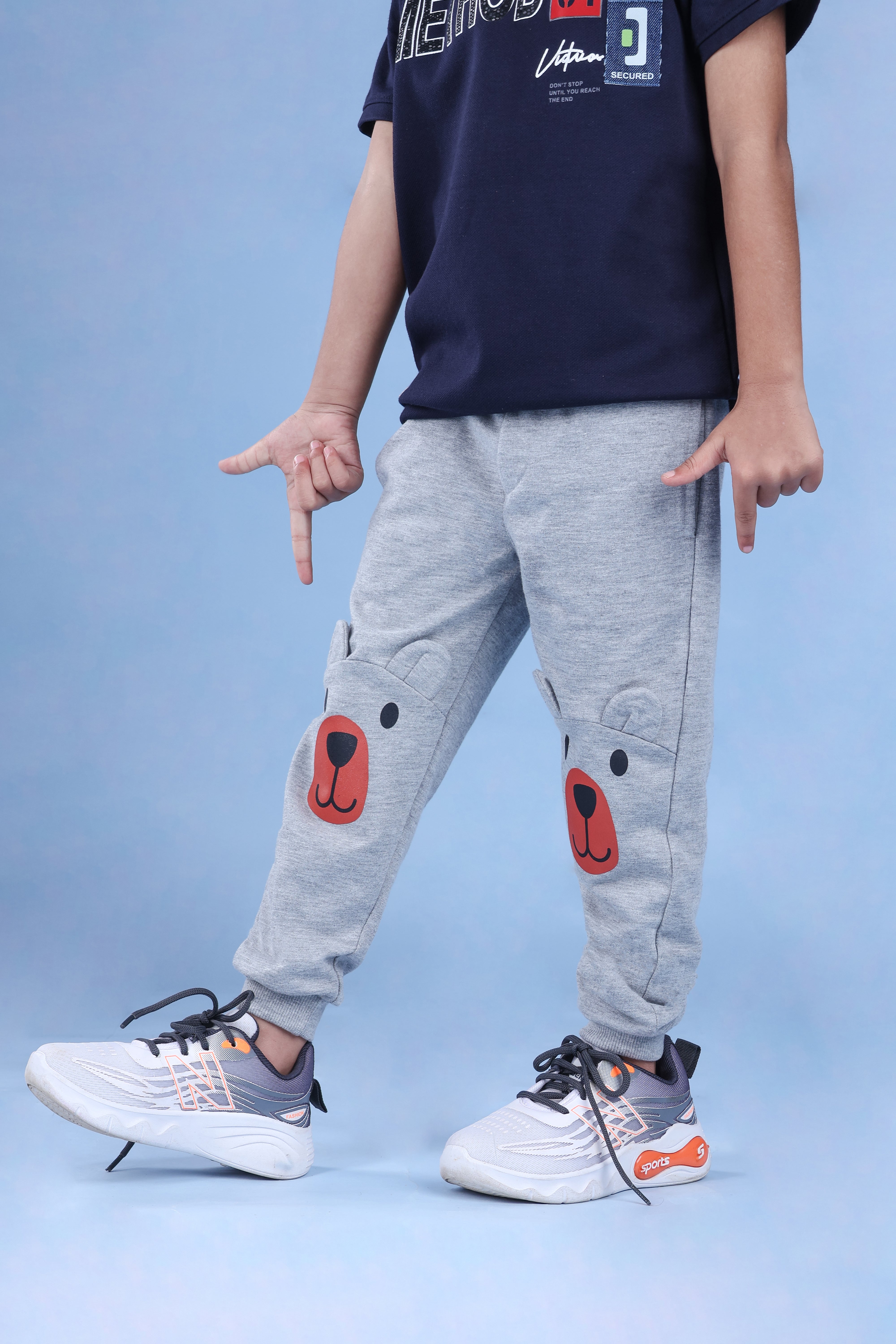 Cotton Loopknit Knee Bear Joggers With Rib And Drawstring - Grey