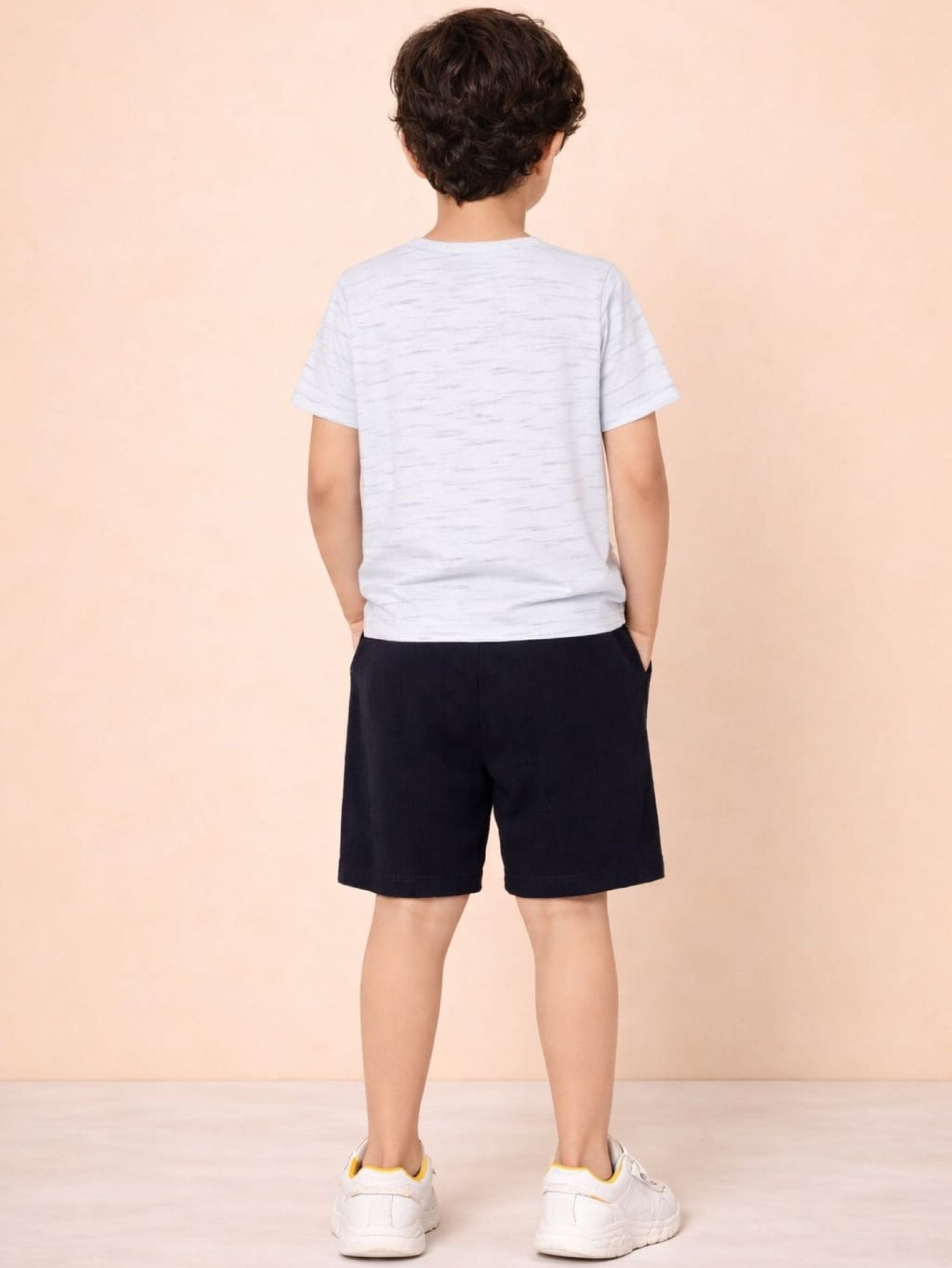 Cotton Lycra Knit Half Sleeves Camera Printed Tee & Shorts Set - Off White & Black