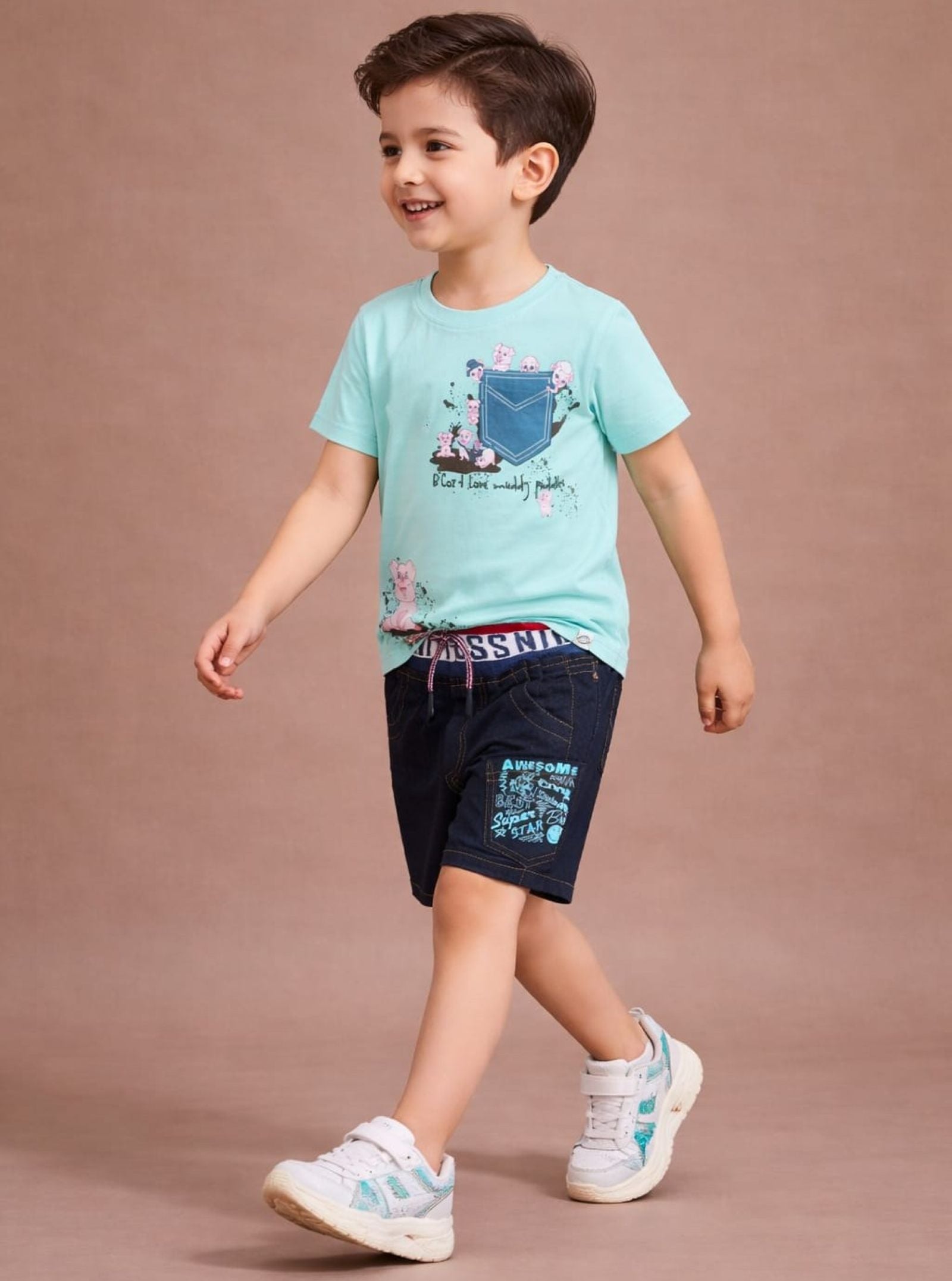 Cotton Lycra Knit Half Sleeves Printed Tee & Denim Shorts Set - Sky Blue & Navy Blue
