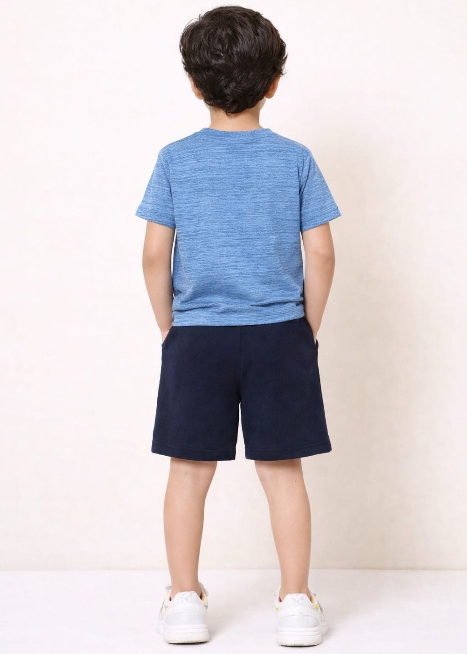 Cotton Lycra Knit Half Sleeves Printed Tee & Shorts Set - Blue & Navy Blue