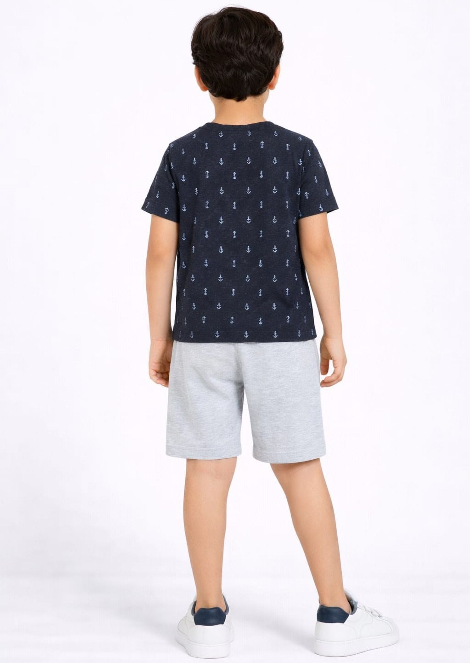 Cotton Lycra Knit Half Sleeves Printed Tee & Shorts Set - Charcoal & Grey