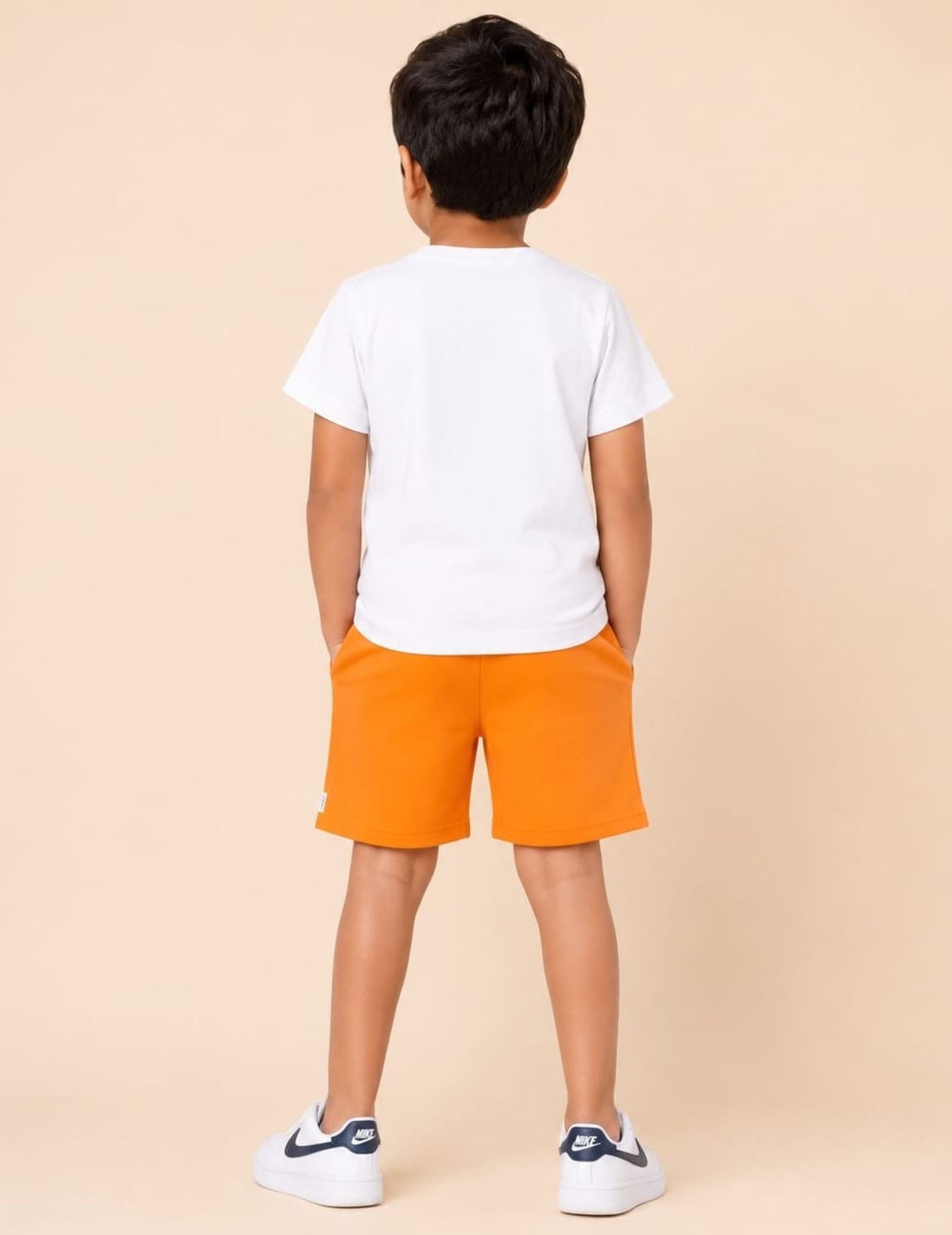 Cotton Knit Lycra Half Sleeves Printed Tee and Shorts Set - Offwhite & Orange