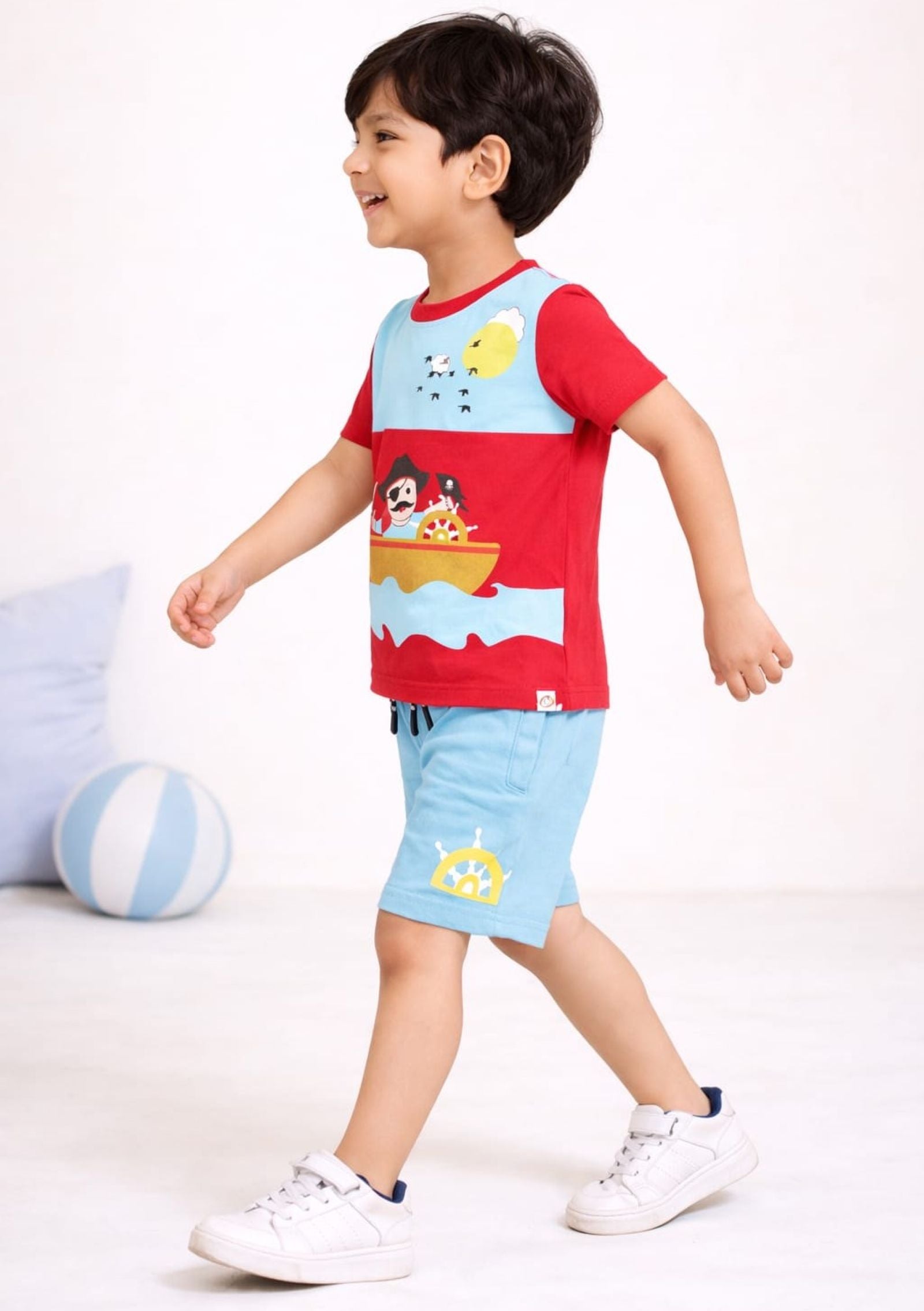  Cotton Lycra Knit Half Sleeves Printed Tee & Shorts Set - Red & Sky Blue