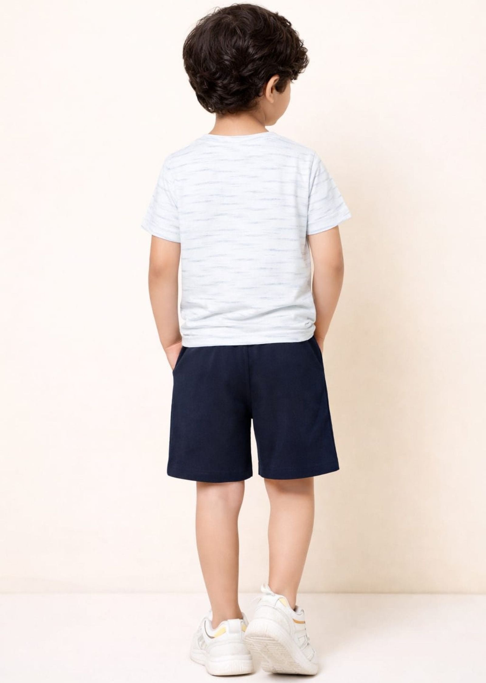 Cotton Lycra Knit Half Sleeves Printed Tee & Shorts Set - Off White & Black