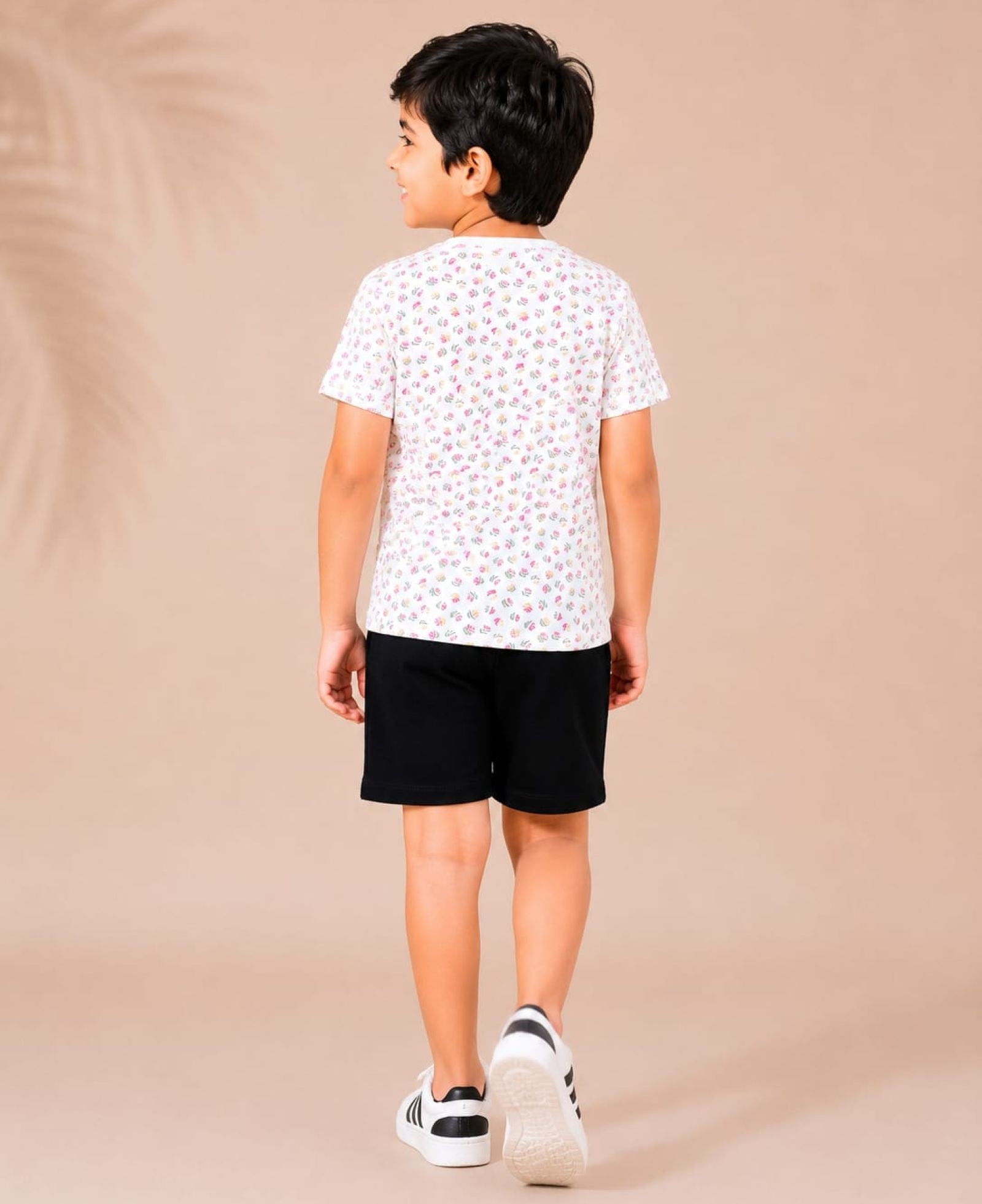 Cotton Knit Lycra Half Sleeves Embroidered Tee and Shorts Set - Multicolor R and Black