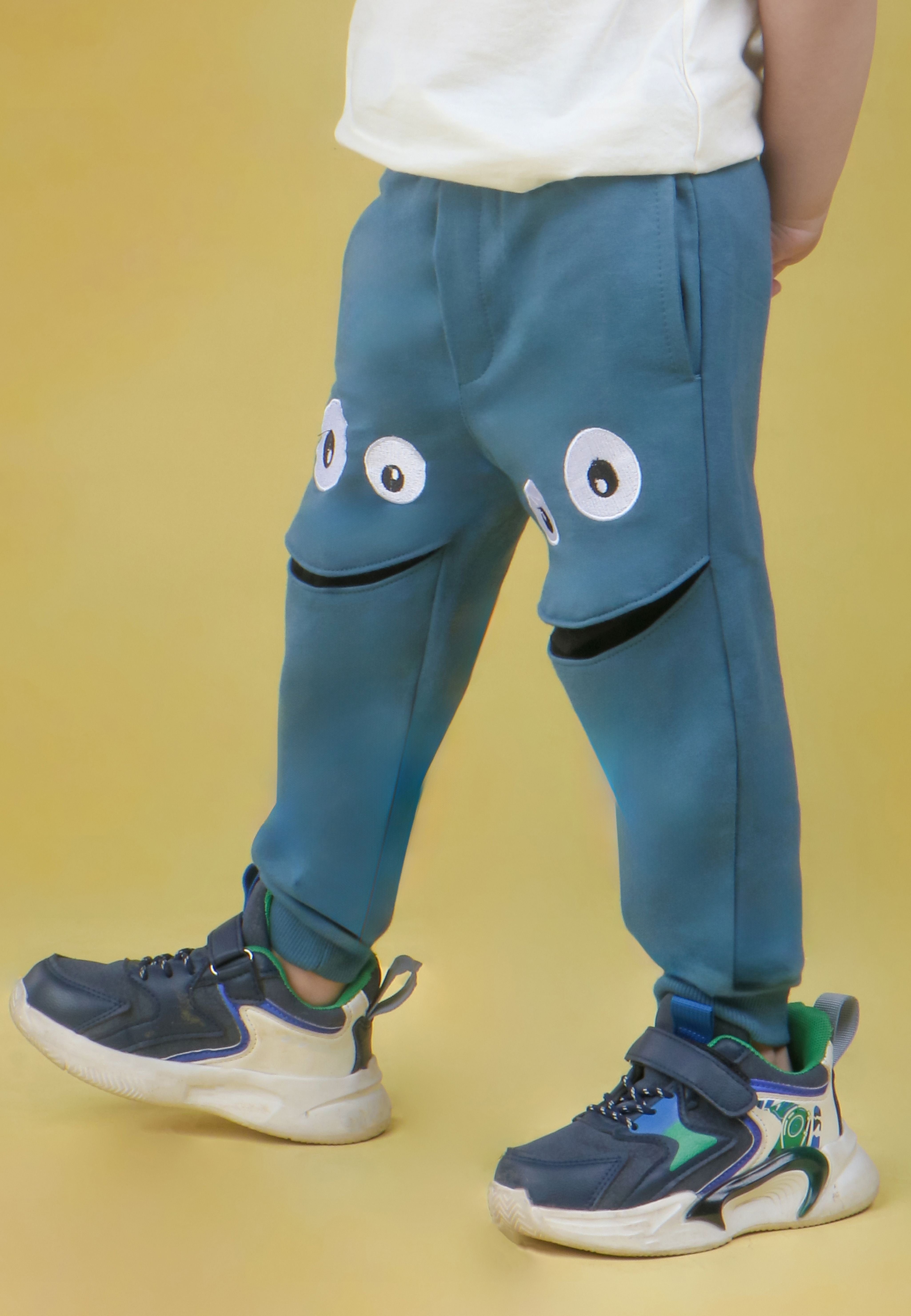 Cotton Loopknit Knee Smiley Joggers With Rib And Drawstring - Blue