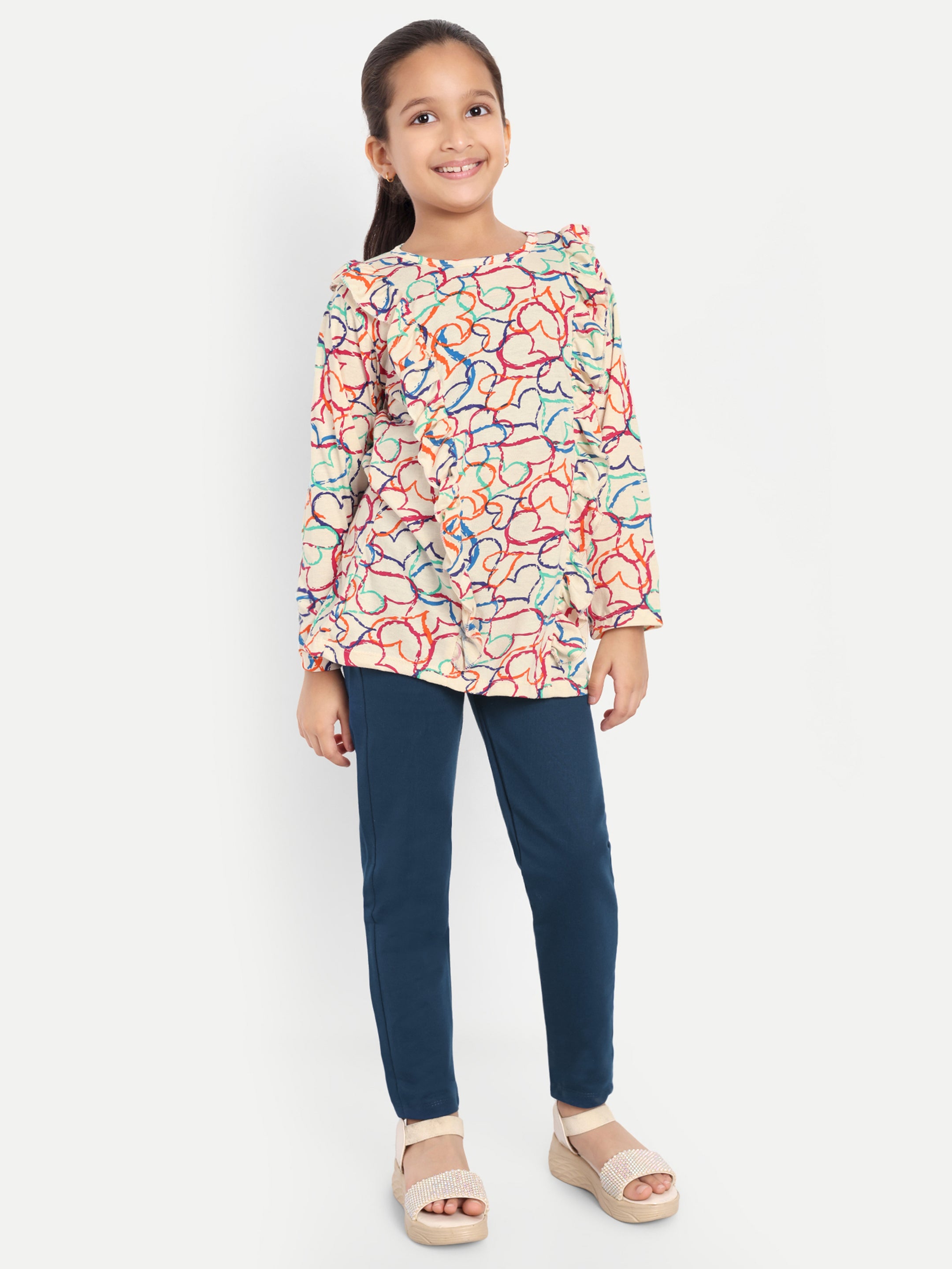 Cotton Knit Full Sleeves Multicolor Hearts Printed Top and Lounge Pant