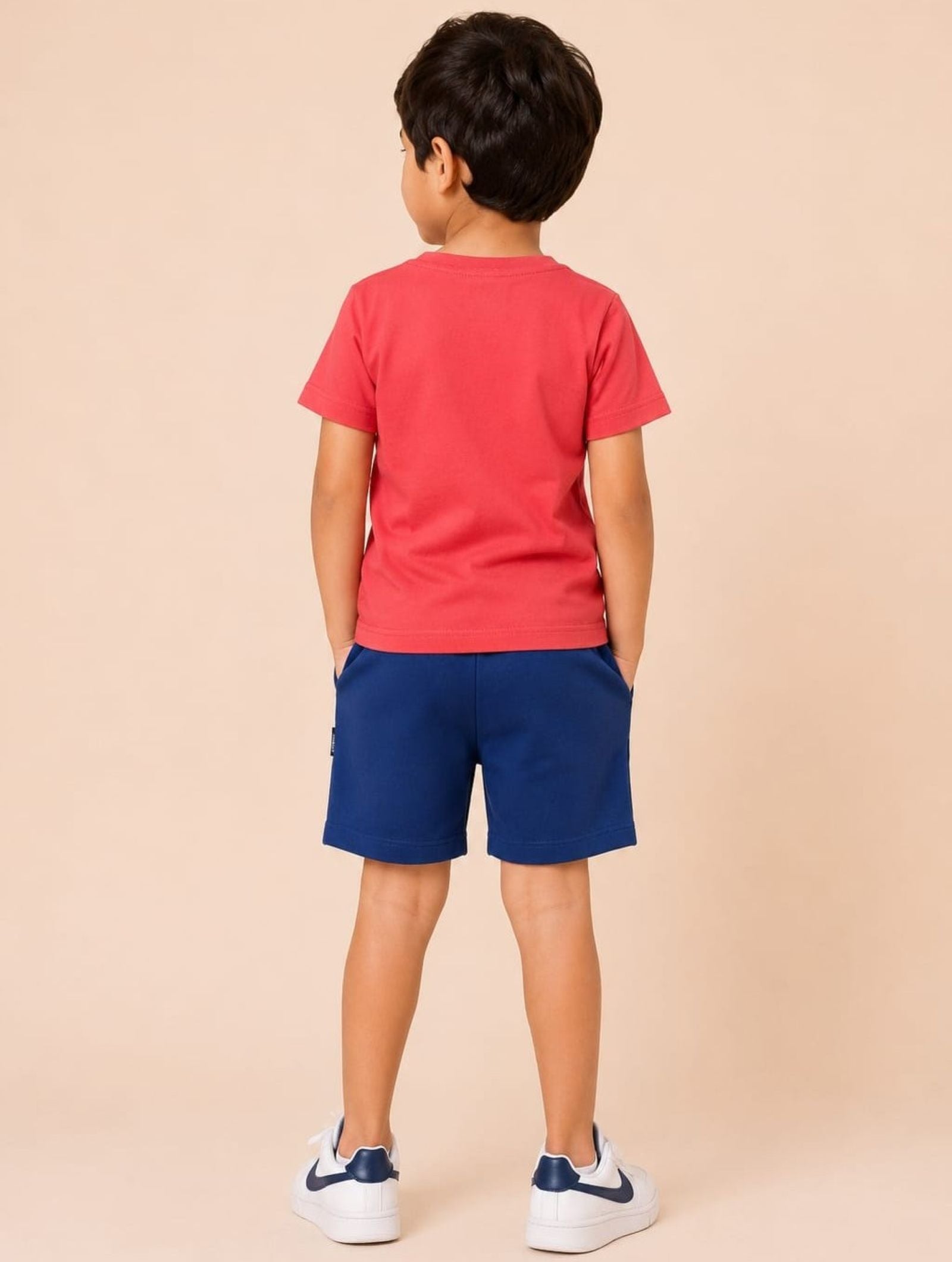 Cotton Knit Lycra Half Sleeves Printed Tee and Shorts Set - Peach & Navy
