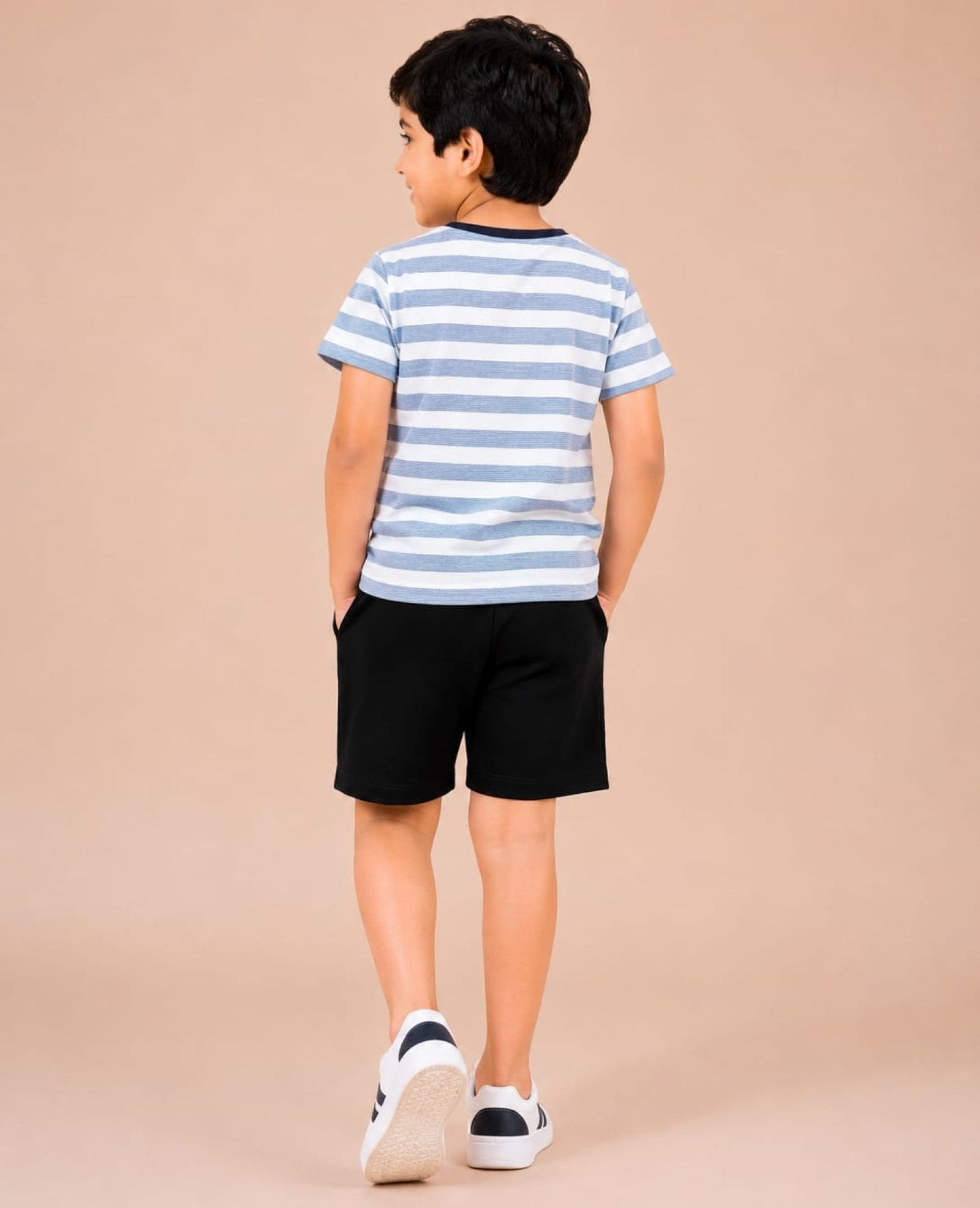 Cotton Knit Half Sleeves Embroidered Tee and Shorts Set - Offwhite & Black