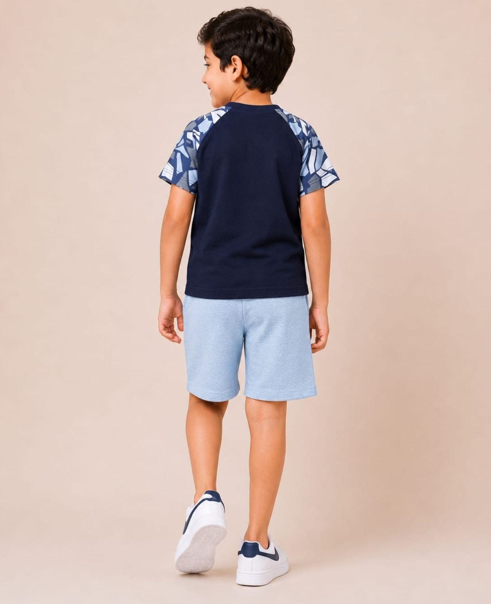 Cotton Knit Lycra Raglan Half Sleeves Printed Tee and Shorts Set - Multicolor & Grey