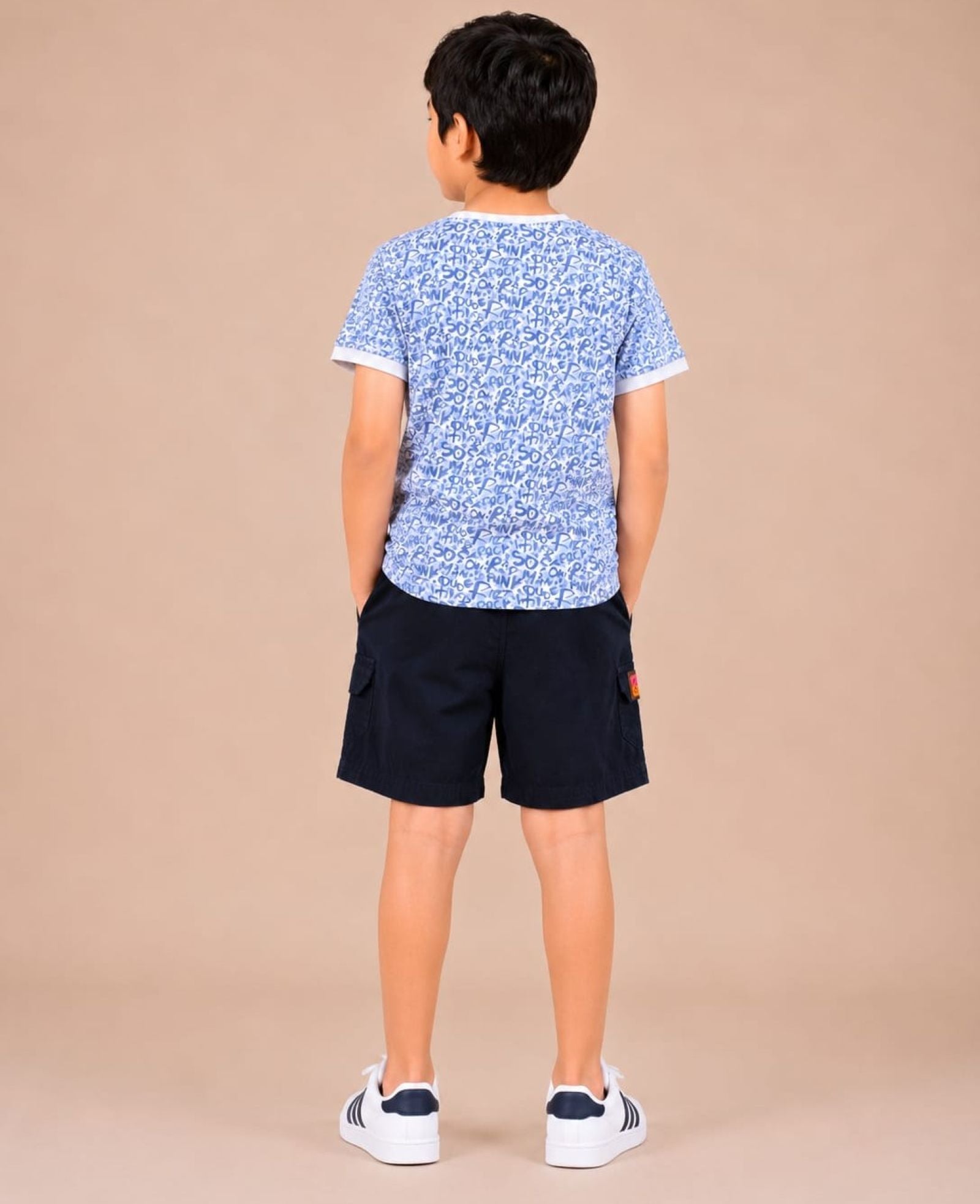 Cotton Knit Lycra Half Sleeves Allover Printed Tee and Woven Cargo Shorts Set - Skyblue & Navy