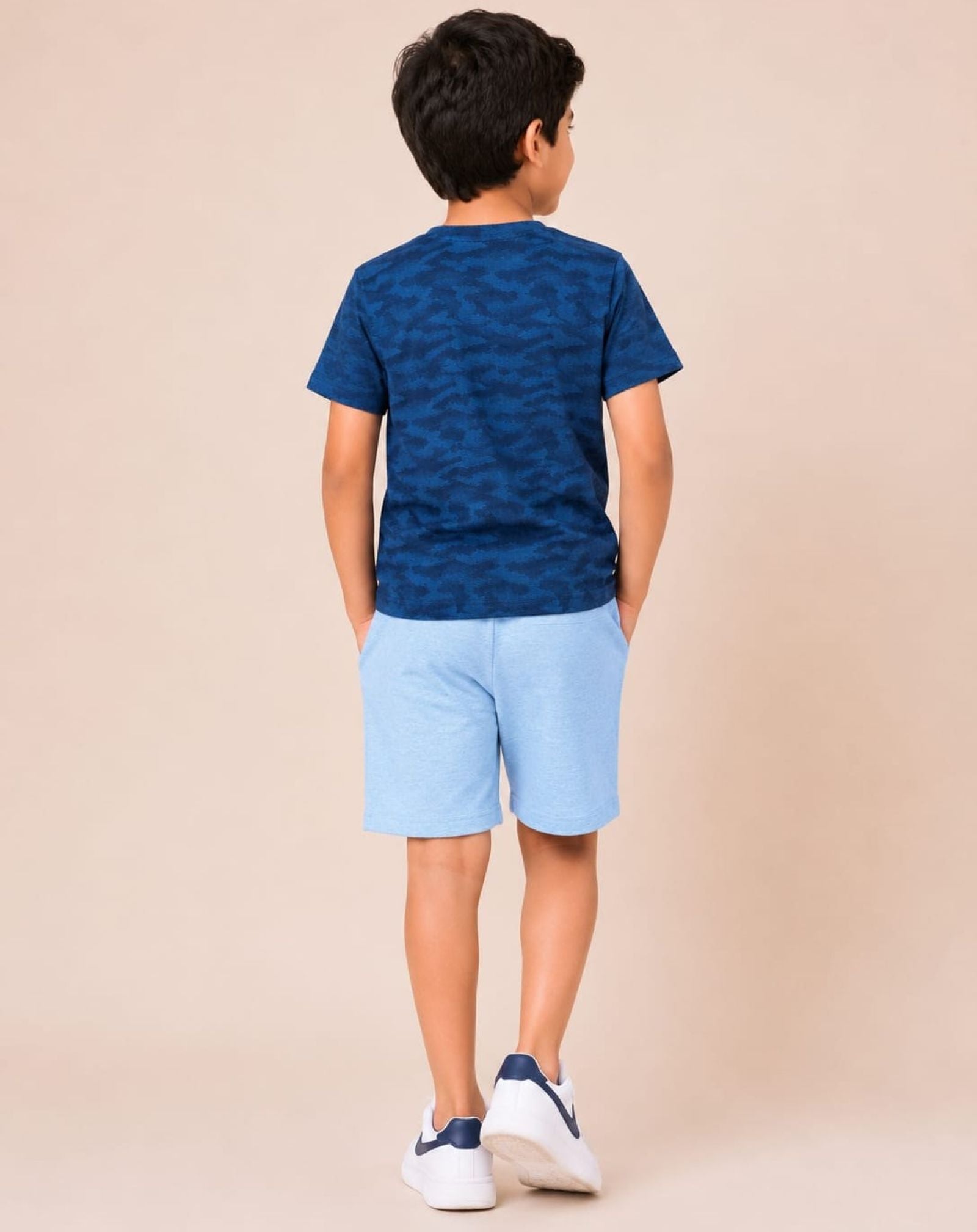 Cotton Knit Lycra Half Sleeves Embroidered Tee and Shorts Set - Navyblue and Grey