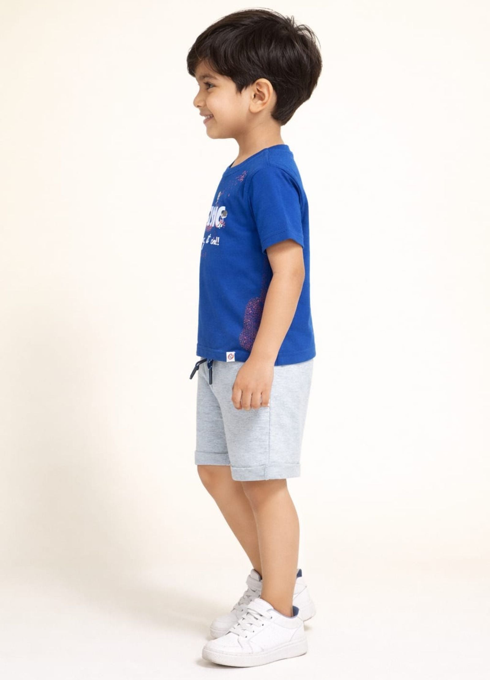 Cotton Lycra Knit Half Sleeves Printed Tee & Shorts Set - Navy Blue & Grey