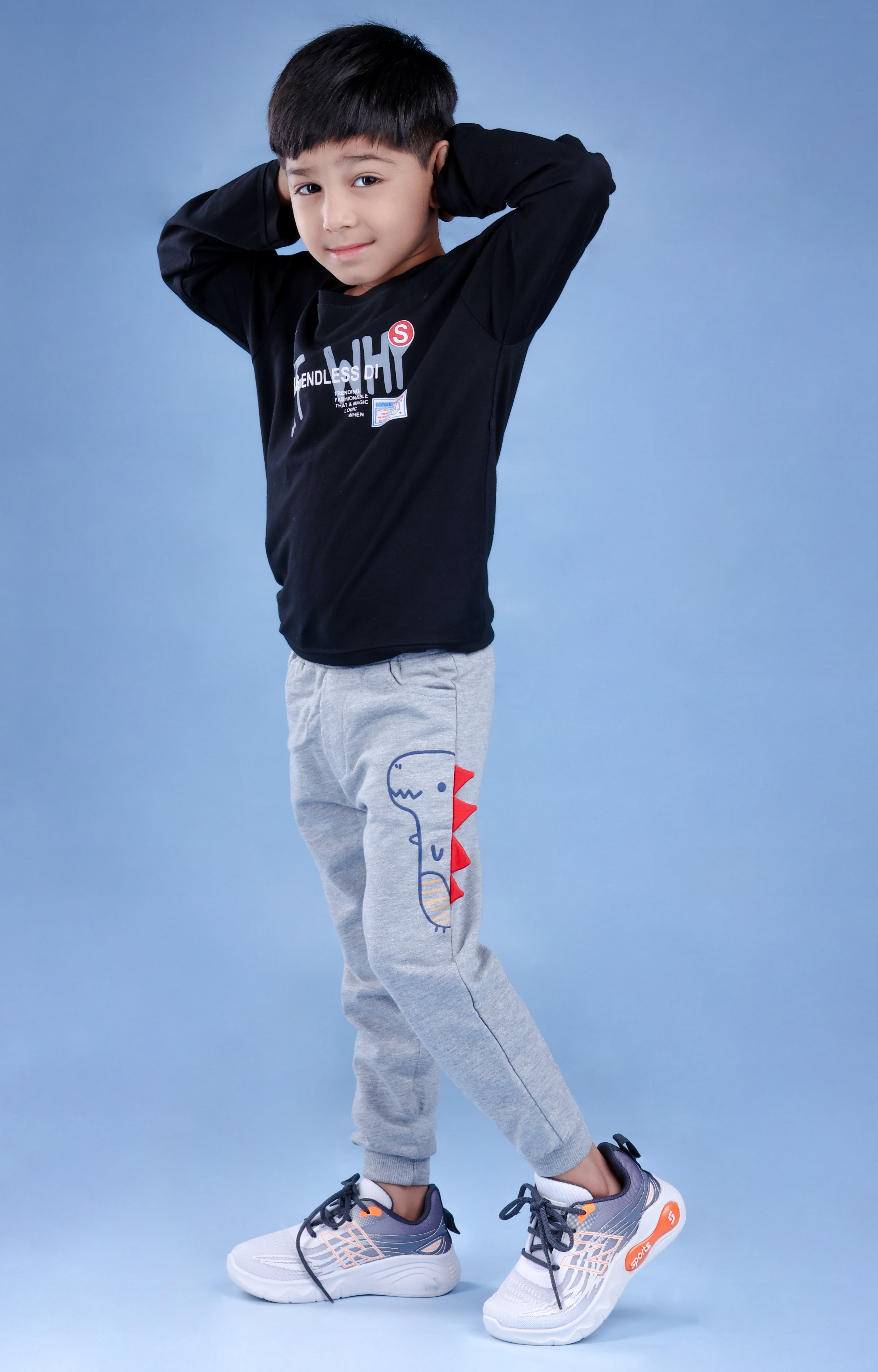 Cotton Loopknit Dino Printed Joggers With Rib And Drawstring - Grey