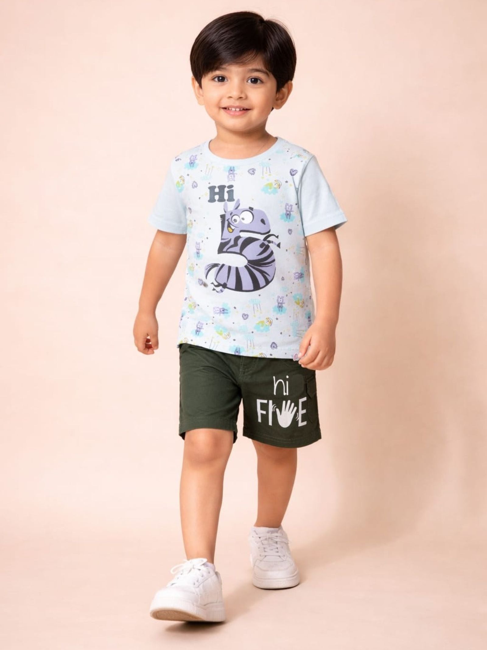 Cotton Lycra Knit Half Sleeves Printed Tee & Woven Cargo Shorts Set - Off White & Green