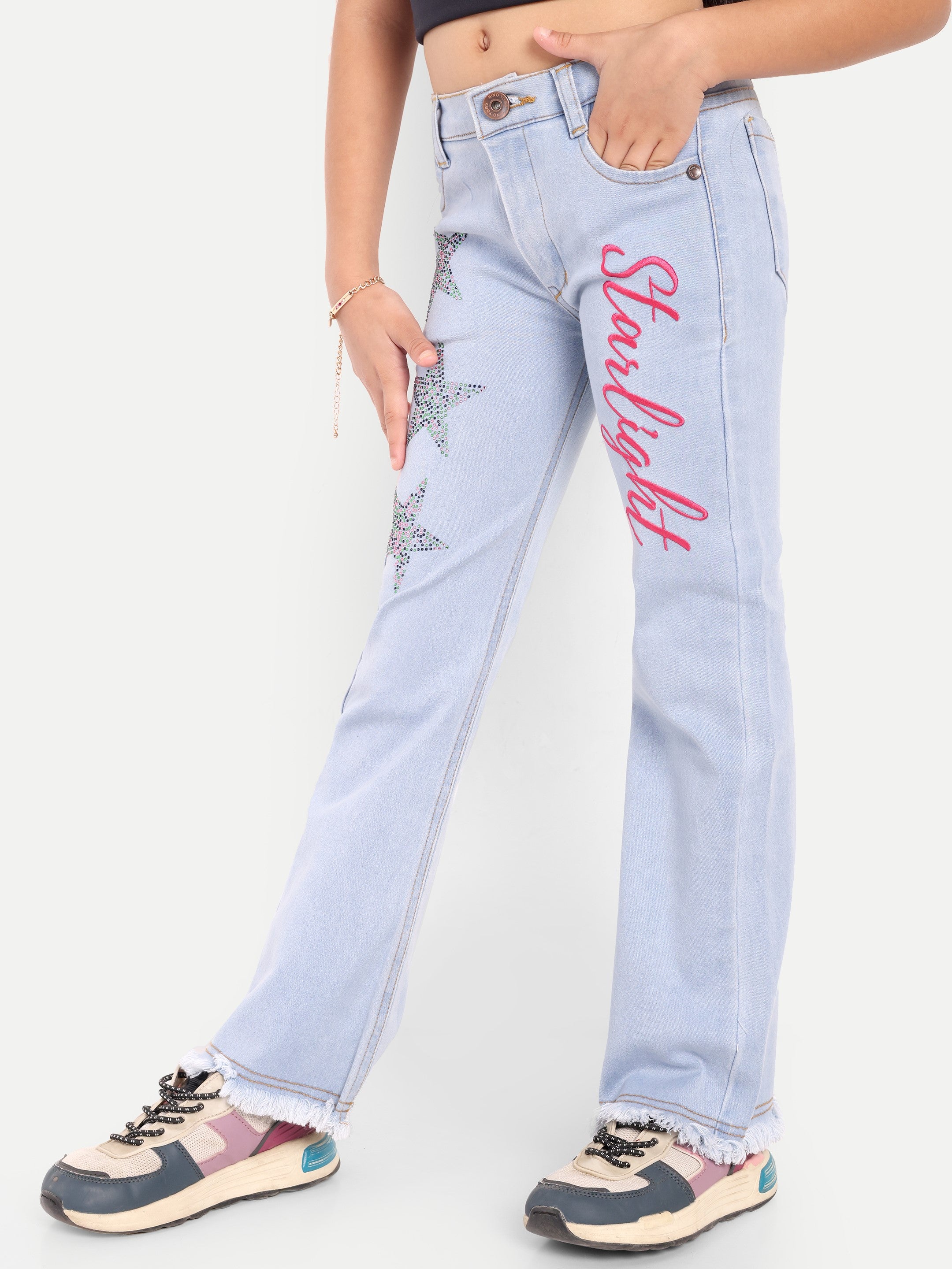 Stretchable Flared Jeans with Rhinestone Stars