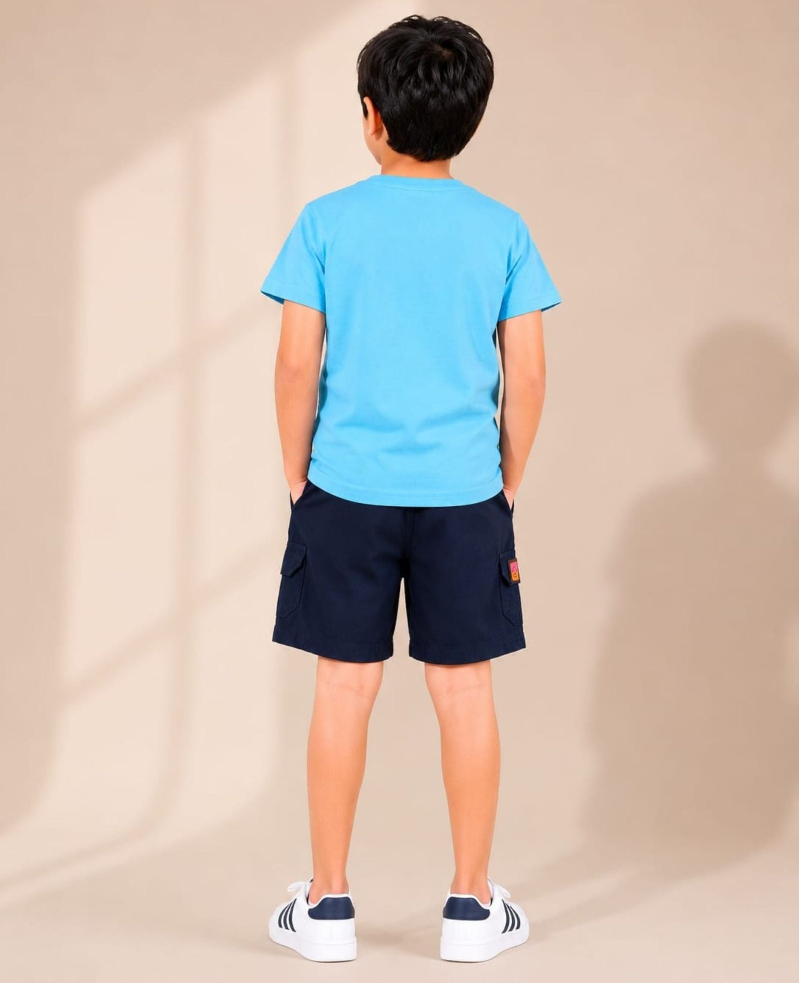Cotton Knit Lycra Half Sleeves Printed Tee and Woven Cargo Shorts Set - Skyblue & Navy