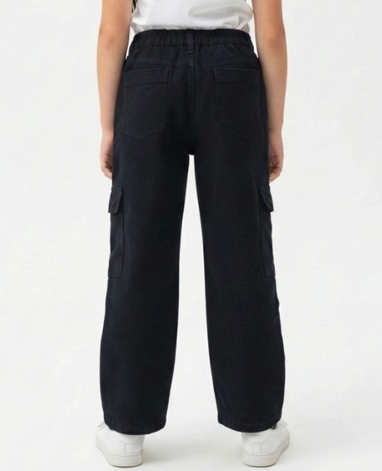 Cotton Denim Wide Leg Mid Rise Stretchable Jeans - Black