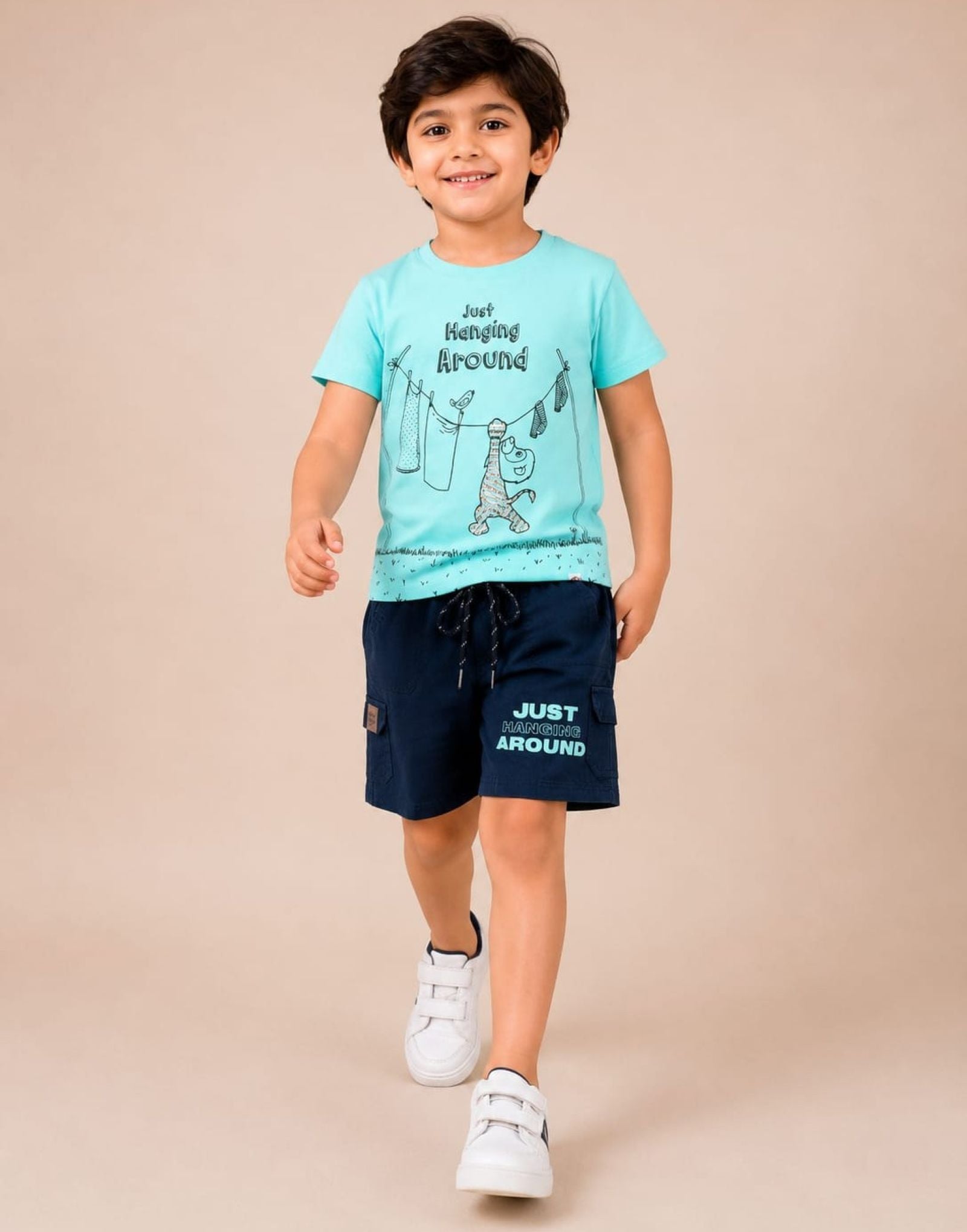 Cotton Knit Lycra Half Sleeves Printed Tee and Woven Cargo Shorts Set - Seagreen & Navy