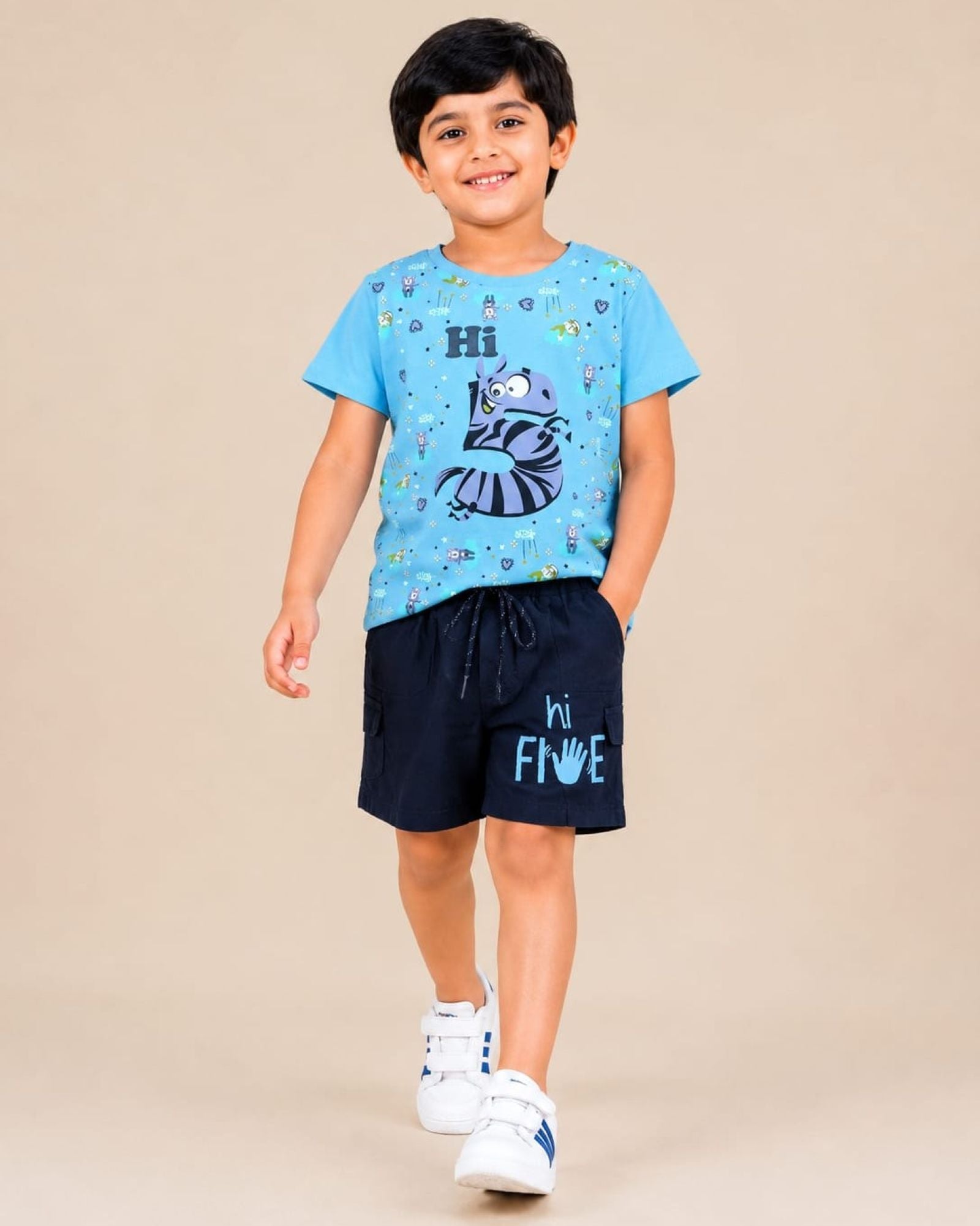 Cotton Knit Lycra Half Sleeves Printed Tee and Woven Cargo Shorts Set - Skyblue & Navy