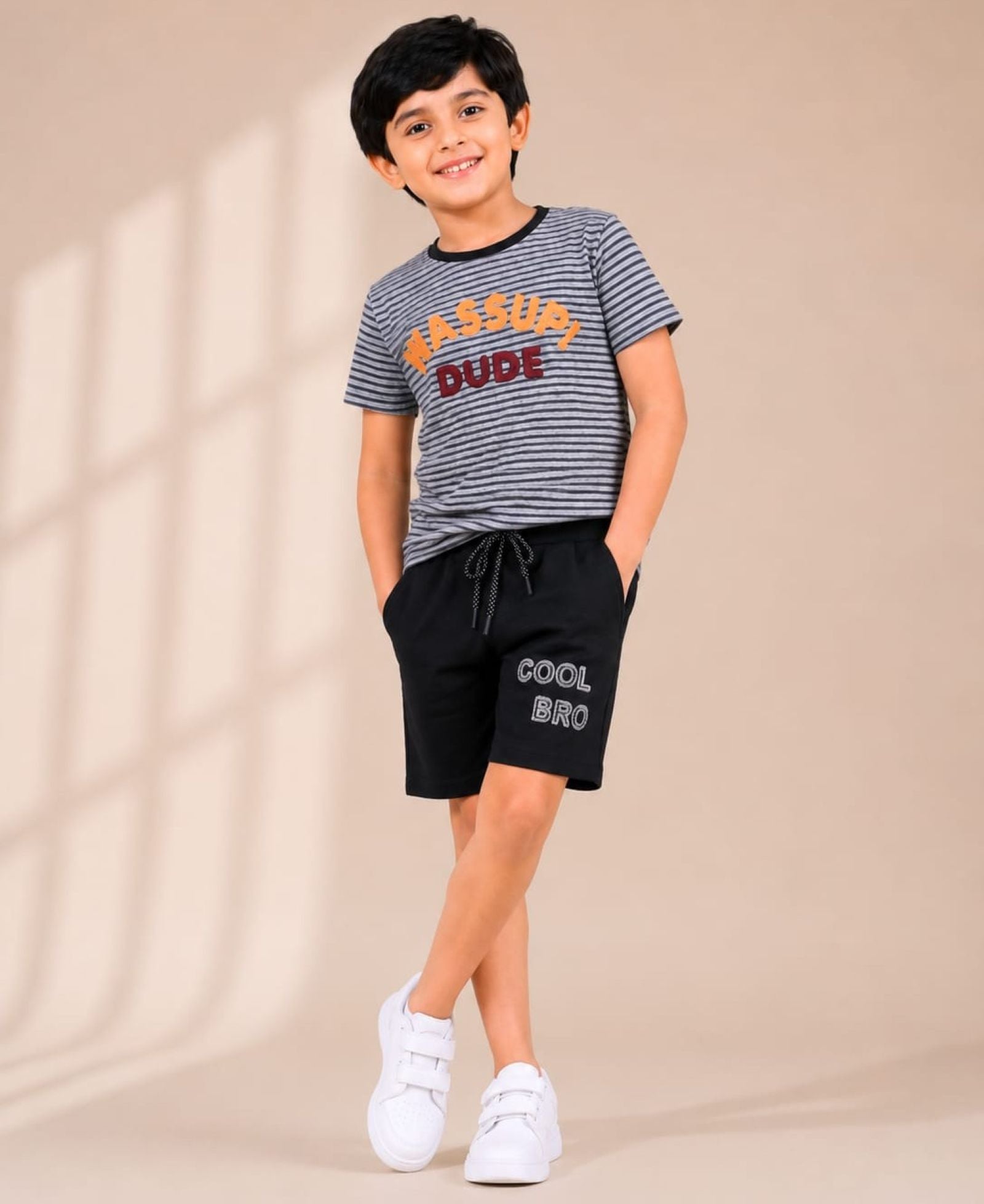 Cotton Knit Lycra Half Sleeves Embroidered Tee and Shorts Set - Grey & Black