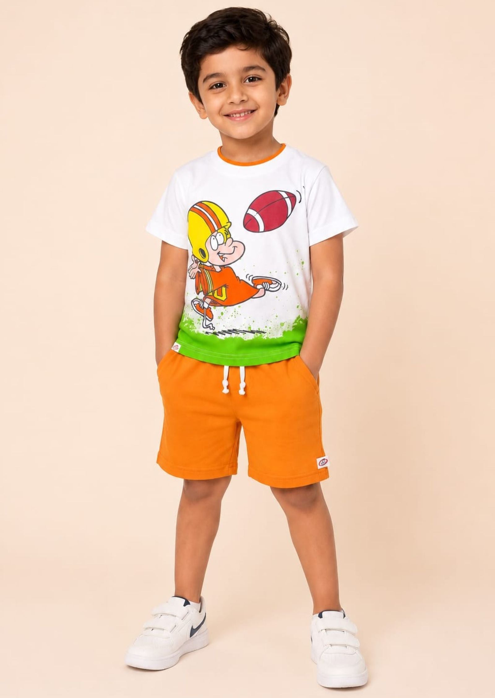 Cotton Knit Lycra Half Sleeves Printed Tee and Shorts Set - Offwhite & Orange