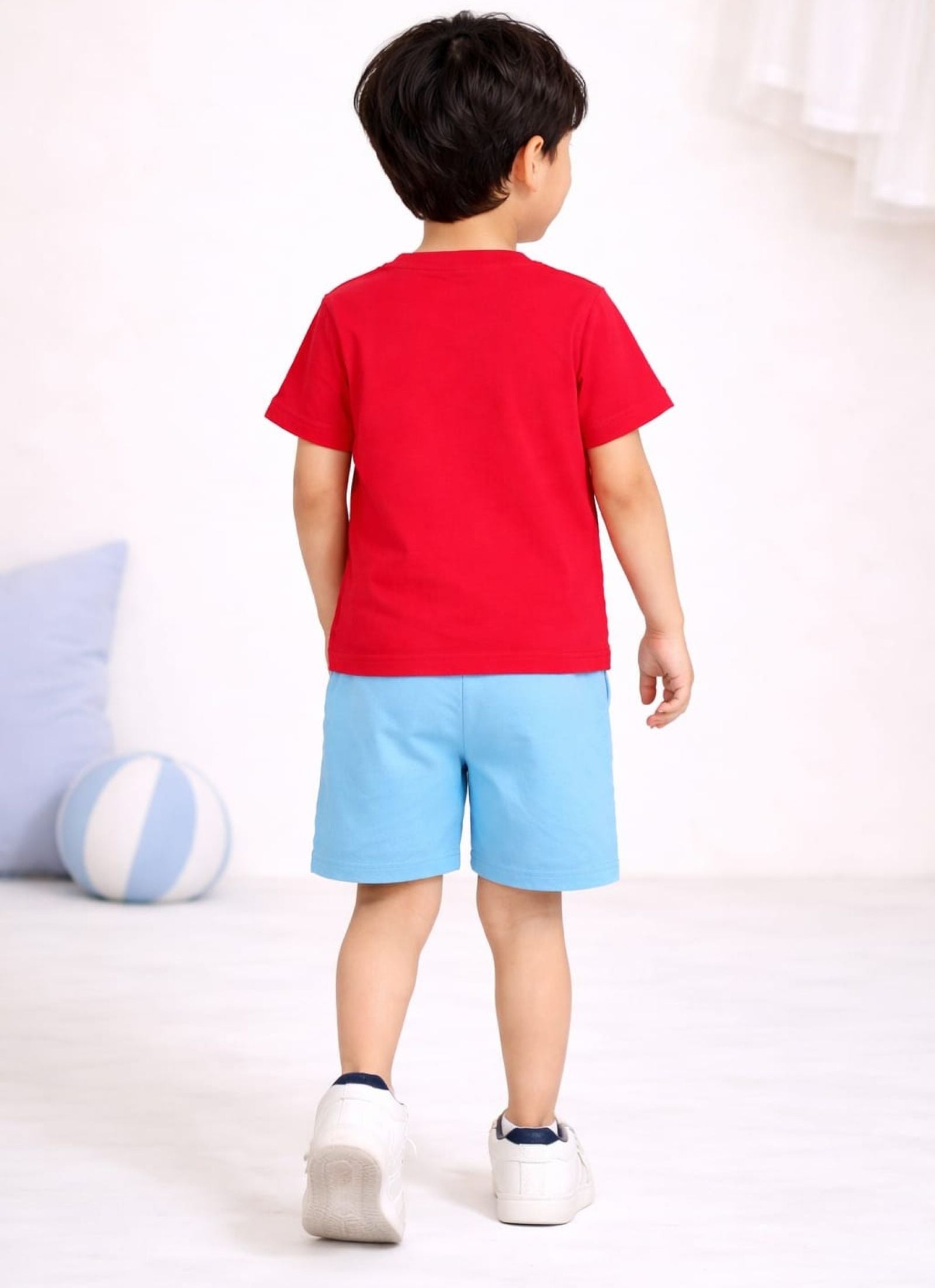  Cotton Lycra Knit Half Sleeves Printed Tee & Shorts Set - Red & Sky Blue