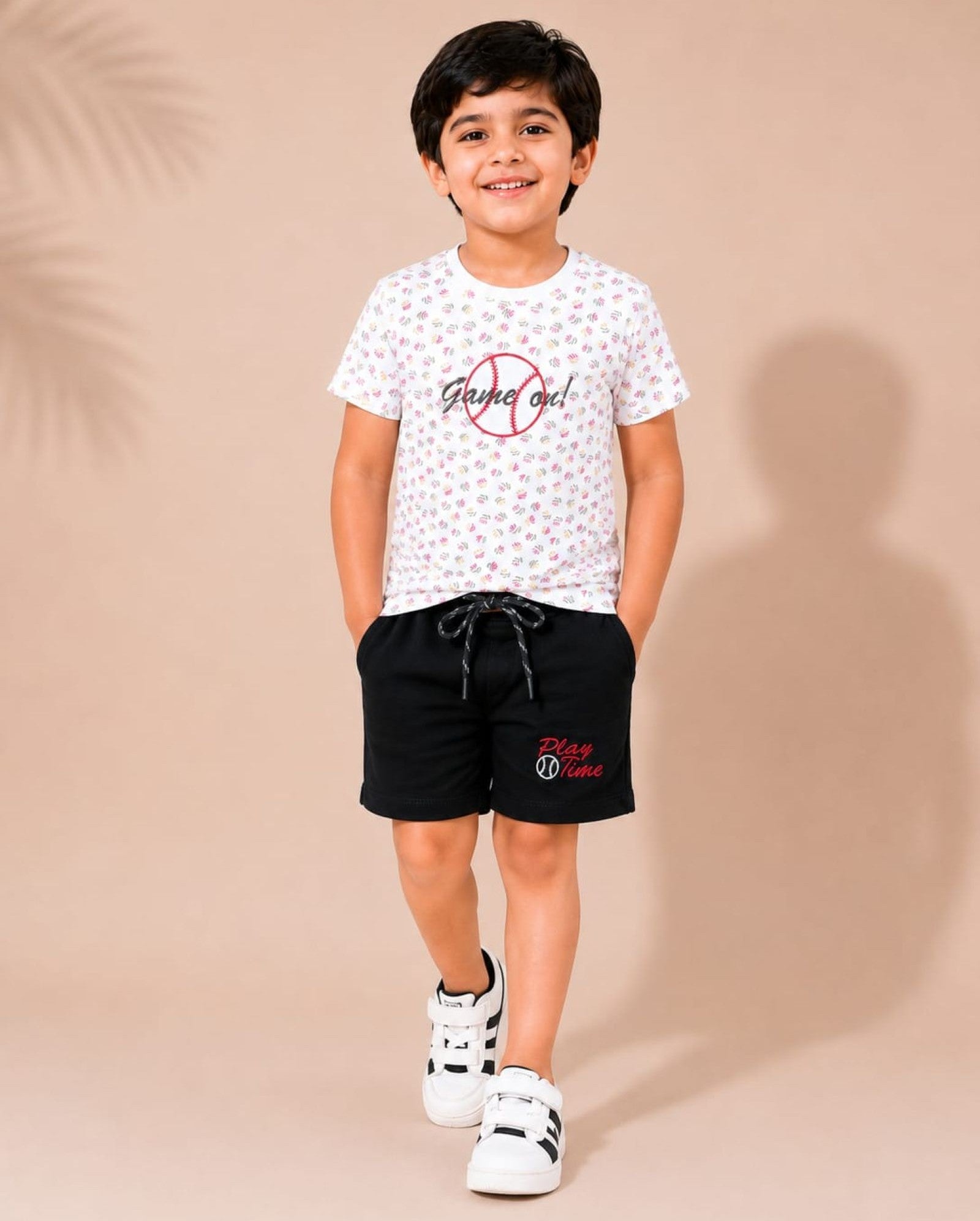 Cotton Knit Lycra Half Sleeves Embroidered Tee and Shorts Set - Multicolor R and Black