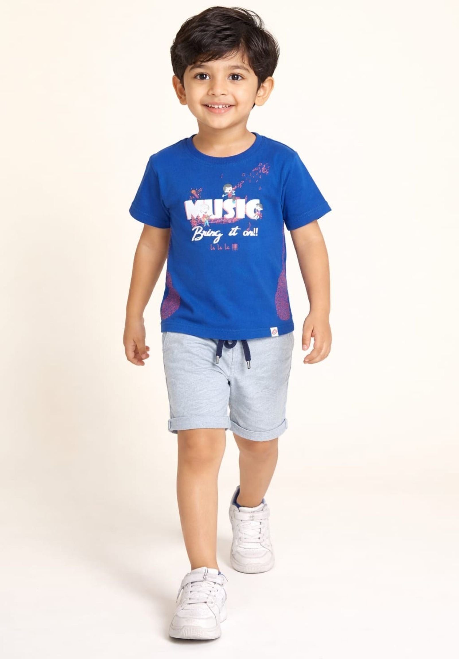 Cotton Lycra Knit Half Sleeves Printed Tee & Shorts Set - Navy Blue & Grey