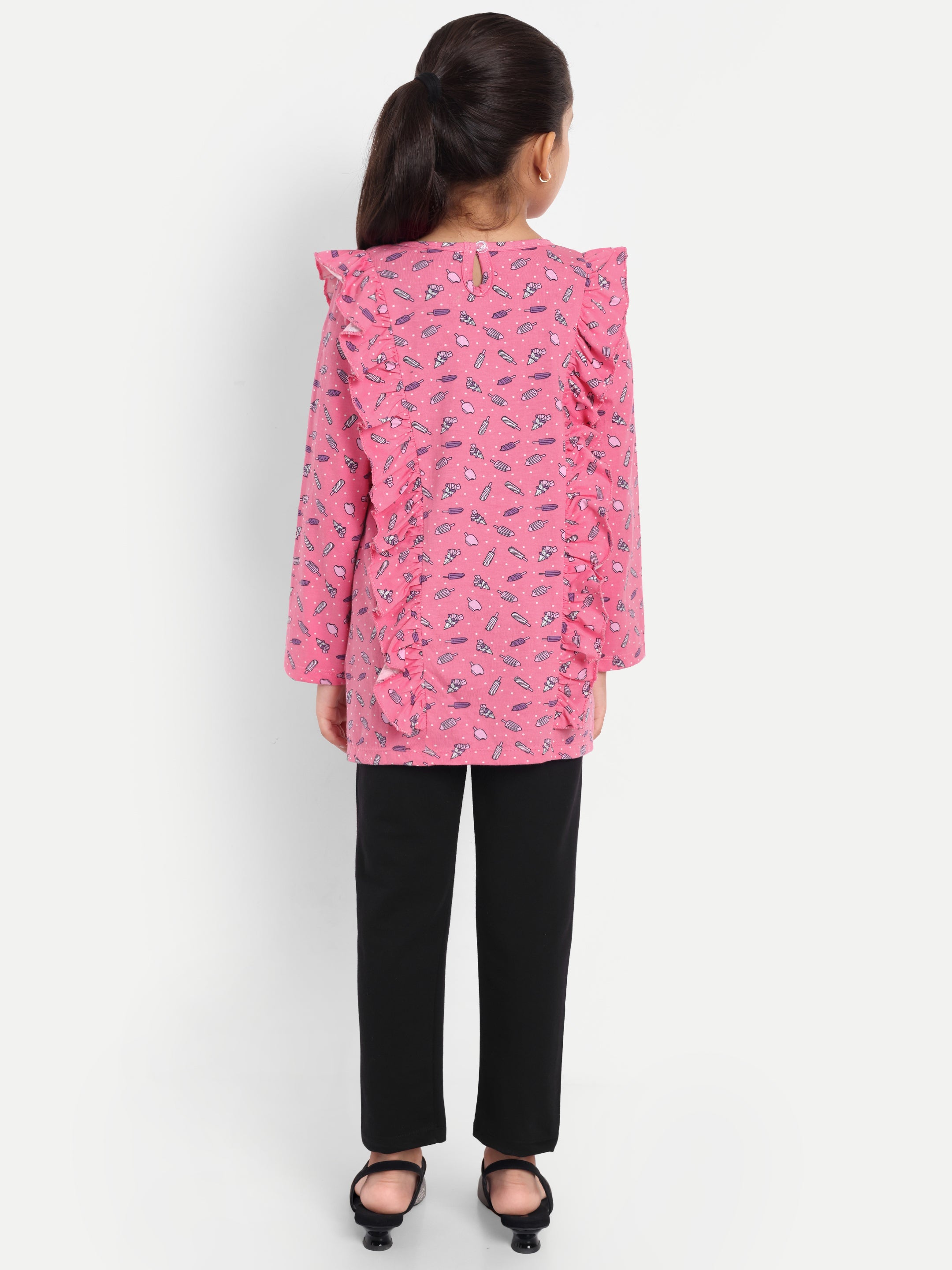 Cotton Knit Full Sleeves Icecream Printed Top with Frills and Lounge Pant