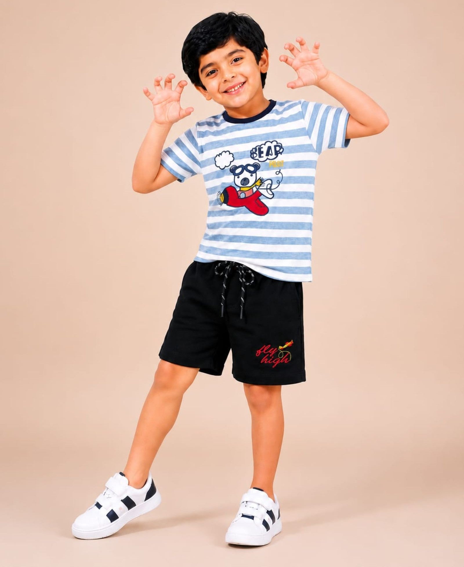 Cotton Knit Half Sleeves Embroidered Tee and Shorts Set - Offwhite & Black