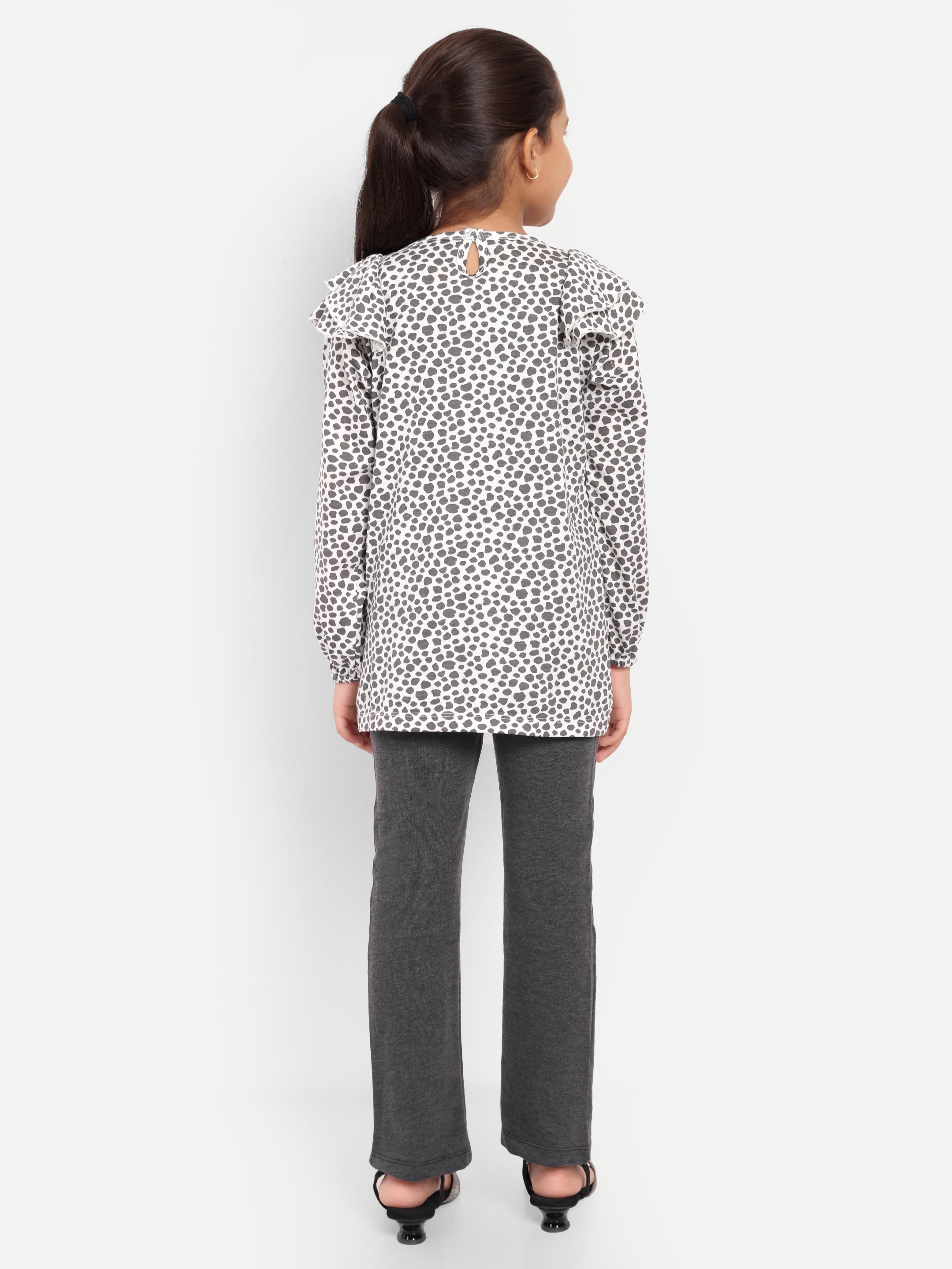 Cotton Knit Full Sleeves Polka Printed Top with Frills and Lounge Pant