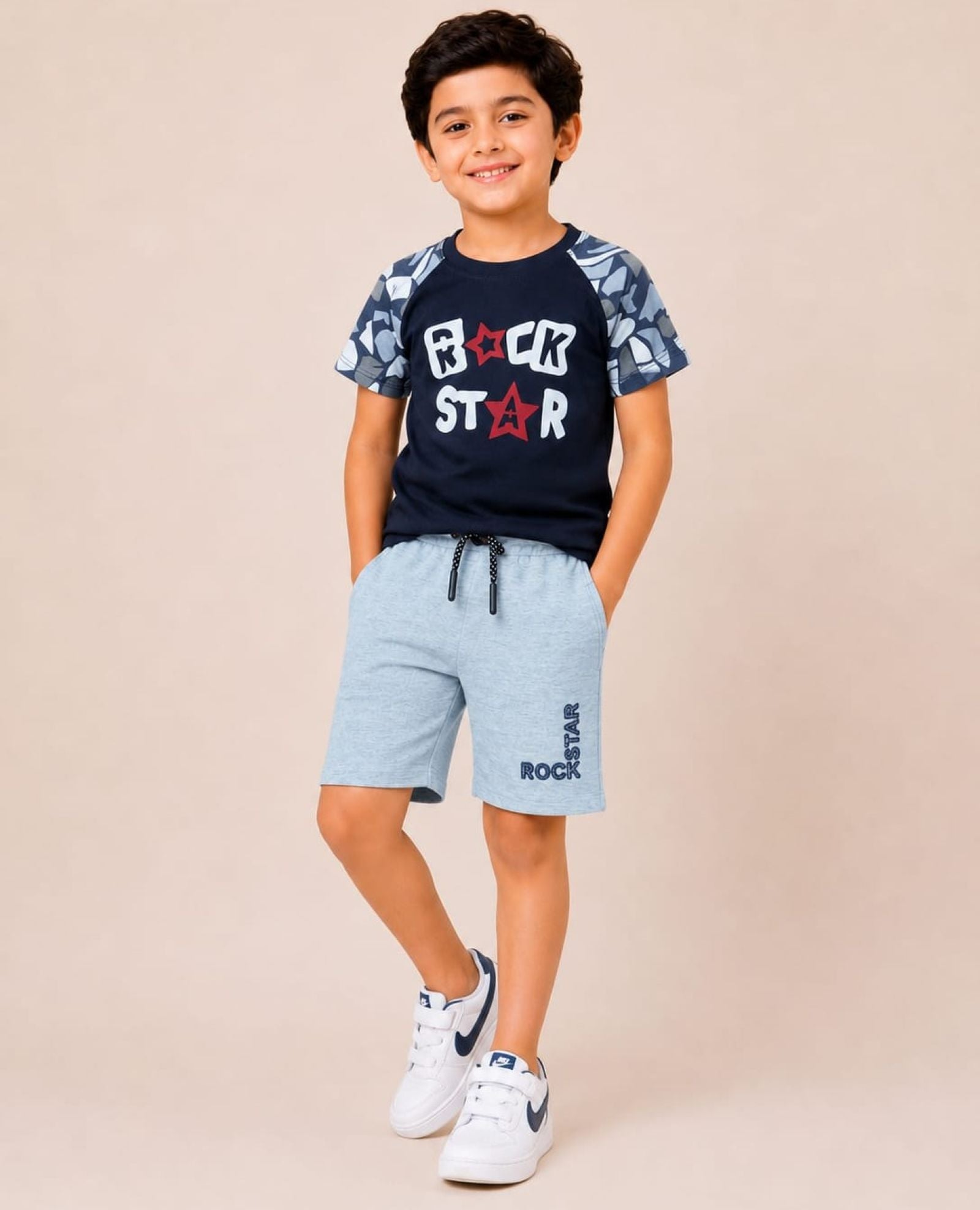 Cotton Knit Lycra Raglan Half Sleeves Printed Tee and Shorts Set - Multicolor & Grey