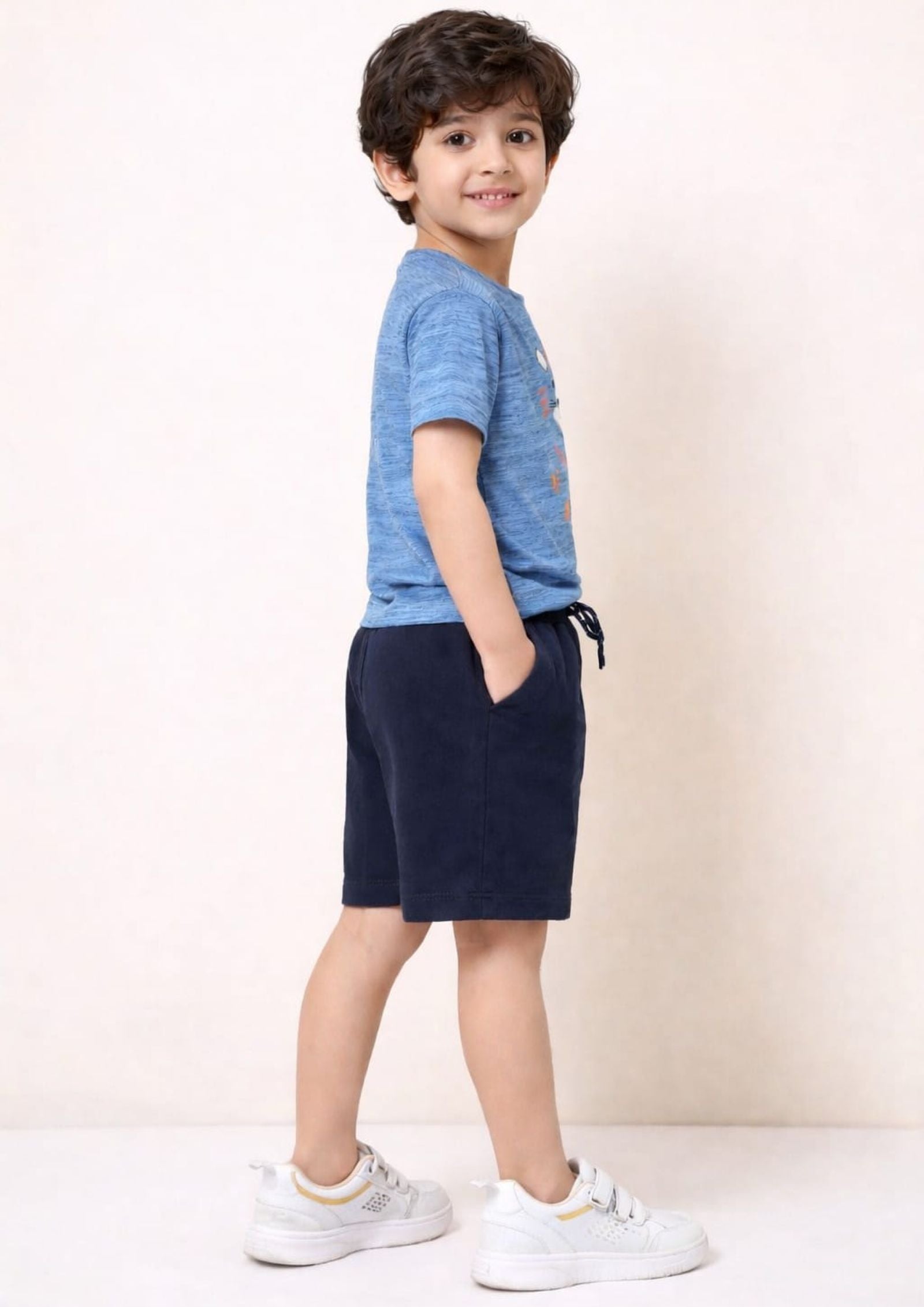 Cotton Lycra Knit Half Sleeves Printed Tee & Shorts Set - Blue & Navy Blue
