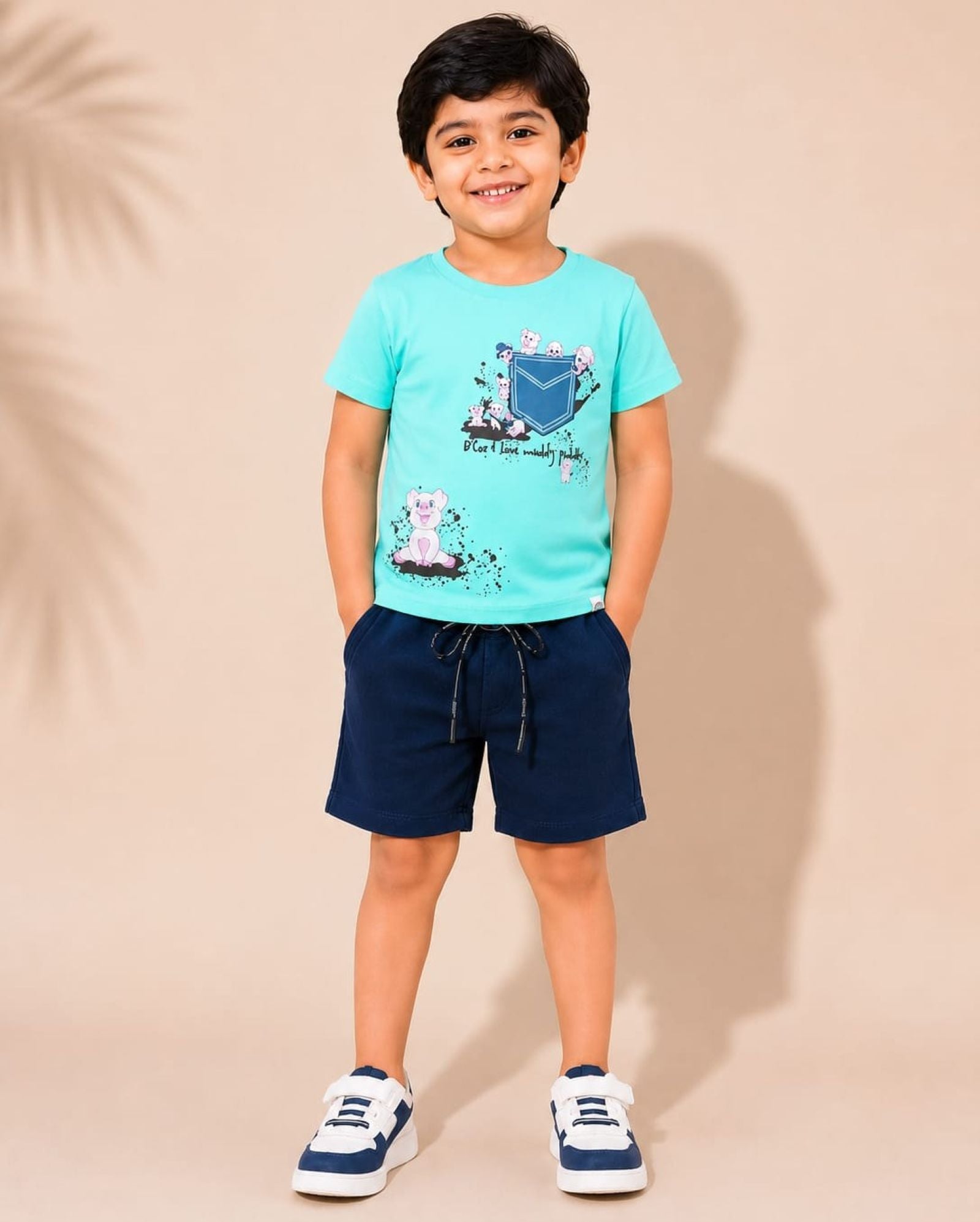 Cotton Knit Lycra Half Sleeves Printed Tee and Shorts Set - Seagreen & Navy