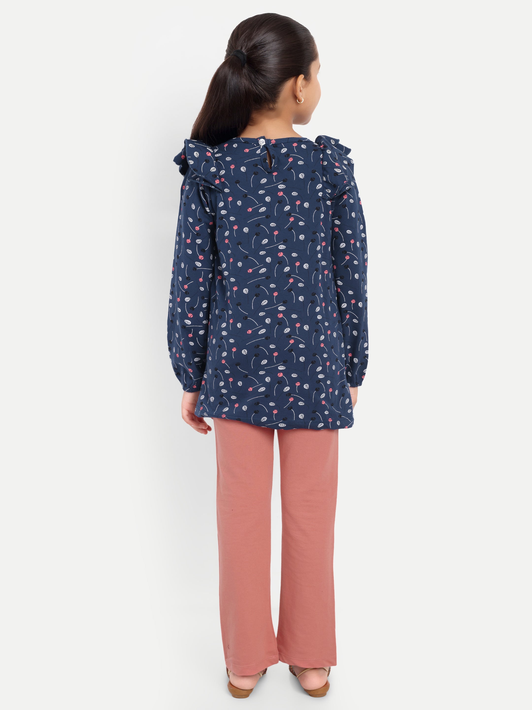 Cotton Knit Full Sleeves Floral Printed Frill Top and Lounge Pant