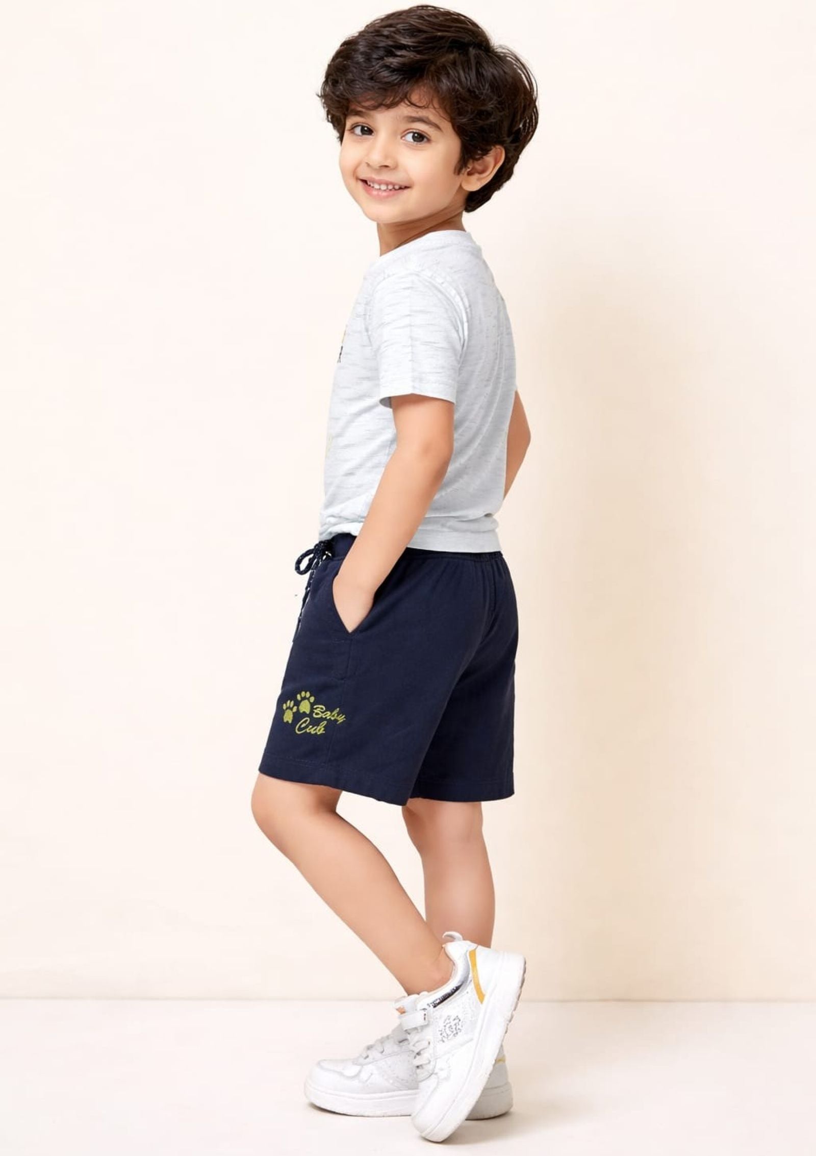 Cotton Lycra Knit Half Sleeves Printed Tee & Shorts Set - Off White & Black