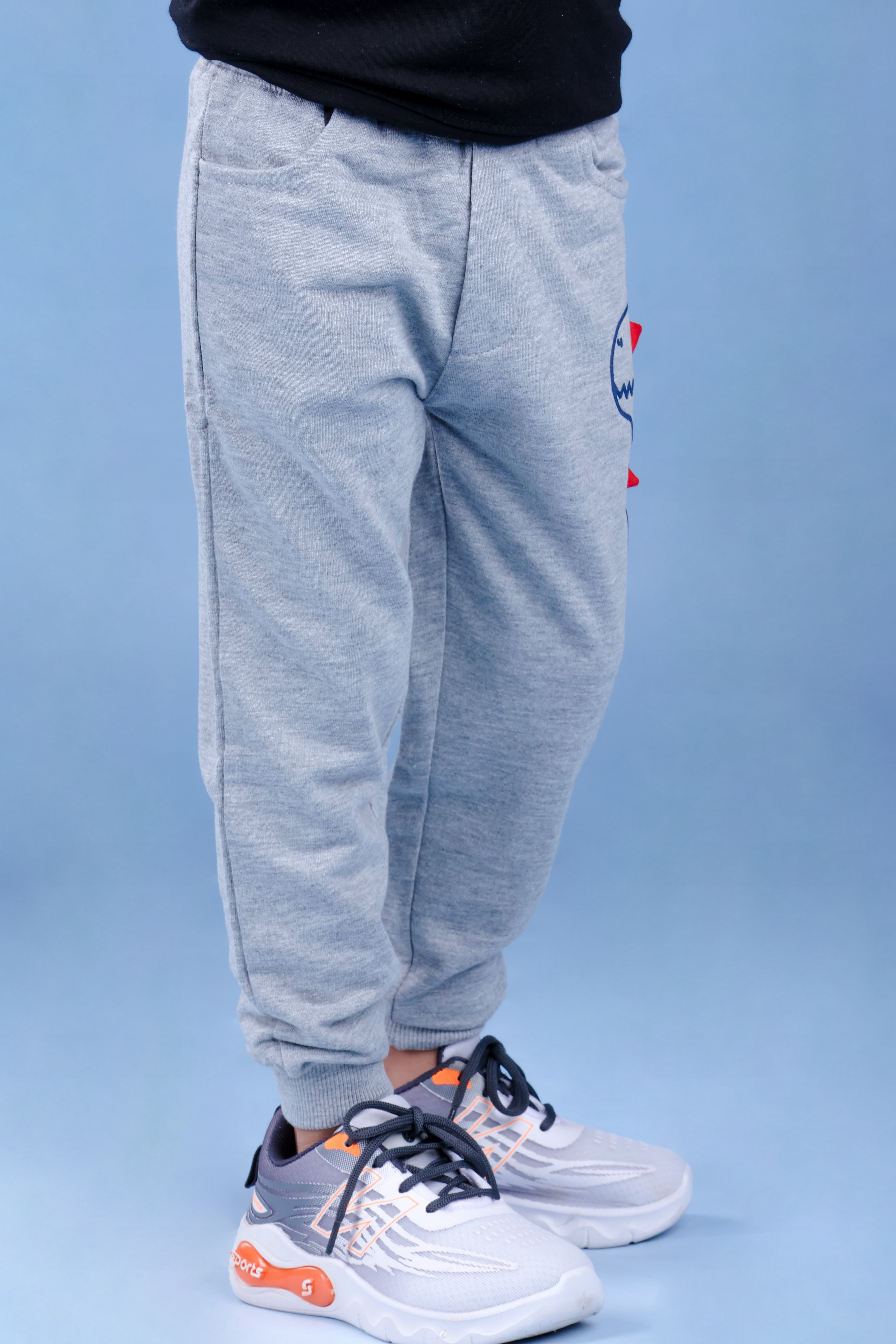 Cotton Loopknit Dino Printed Joggers With Rib And Drawstring - Grey