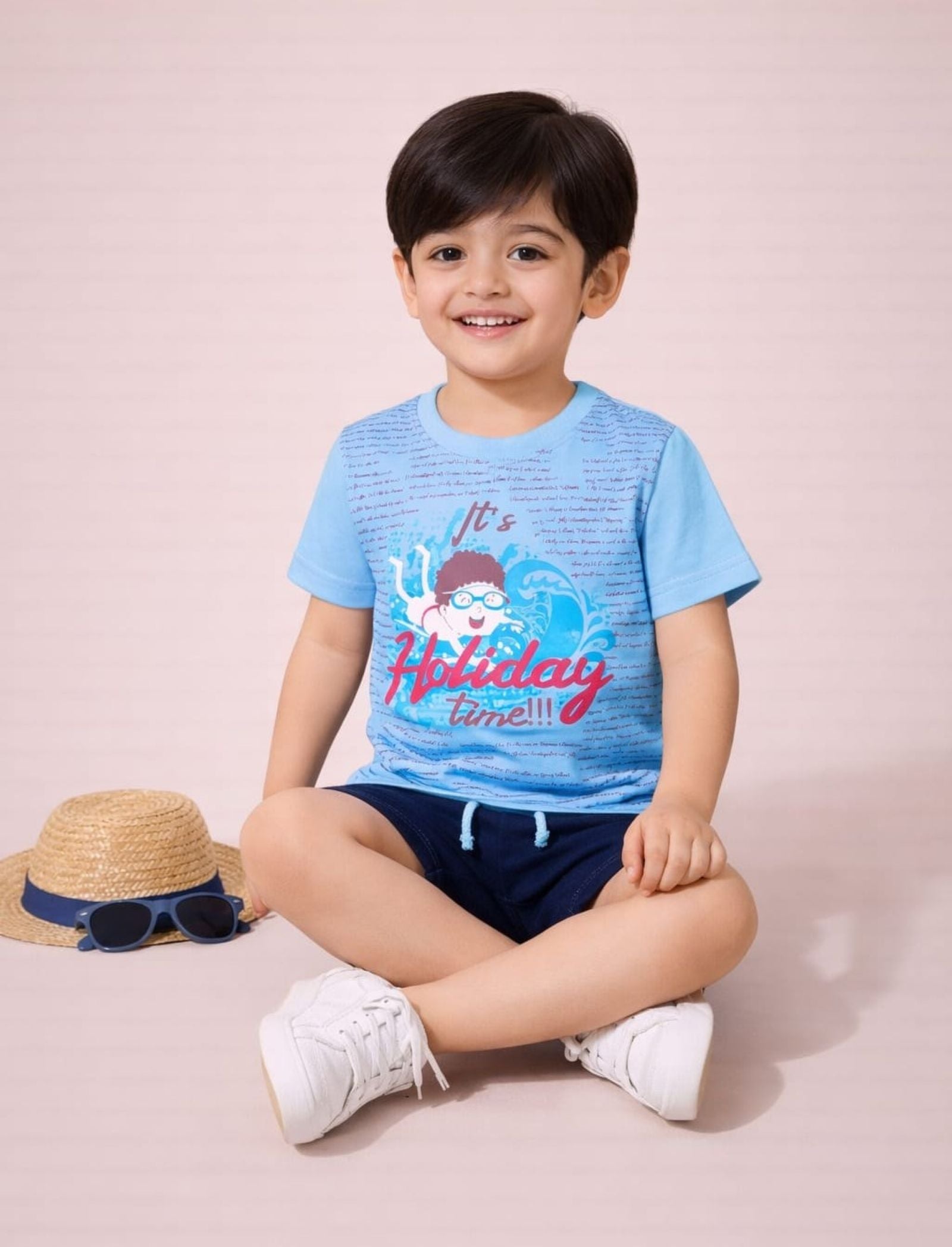 Cotton Lycra Knit Half Sleeves Printed Tee & Shorts Set - Sky Blue & Navy Blue