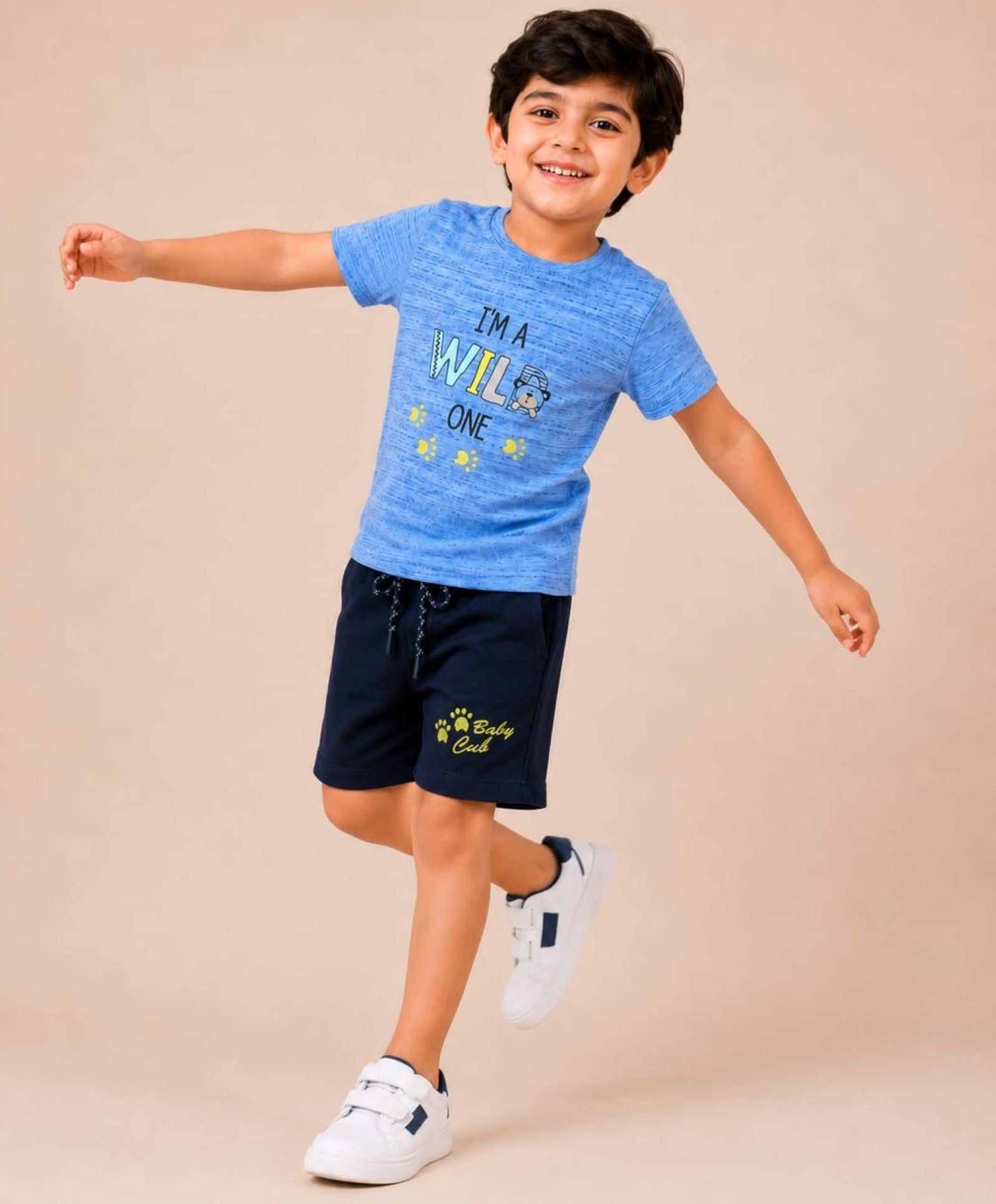Cotton Knit Lycra Half Sleeves Wild One Printed Tee and Shorts Set - SkyBlue & Navy