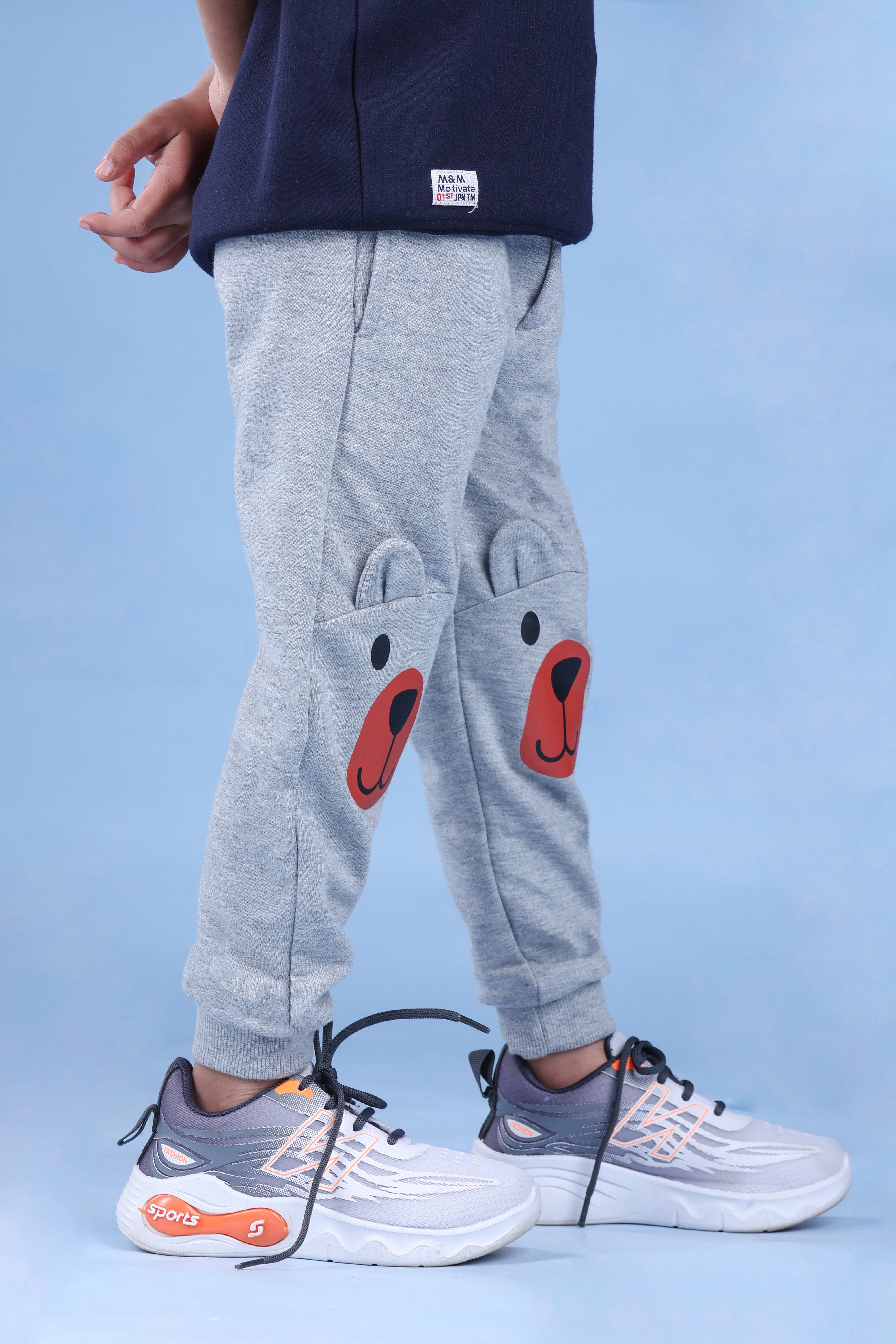 Cotton Loopknit Knee Bear Joggers With Rib And Drawstring - Grey