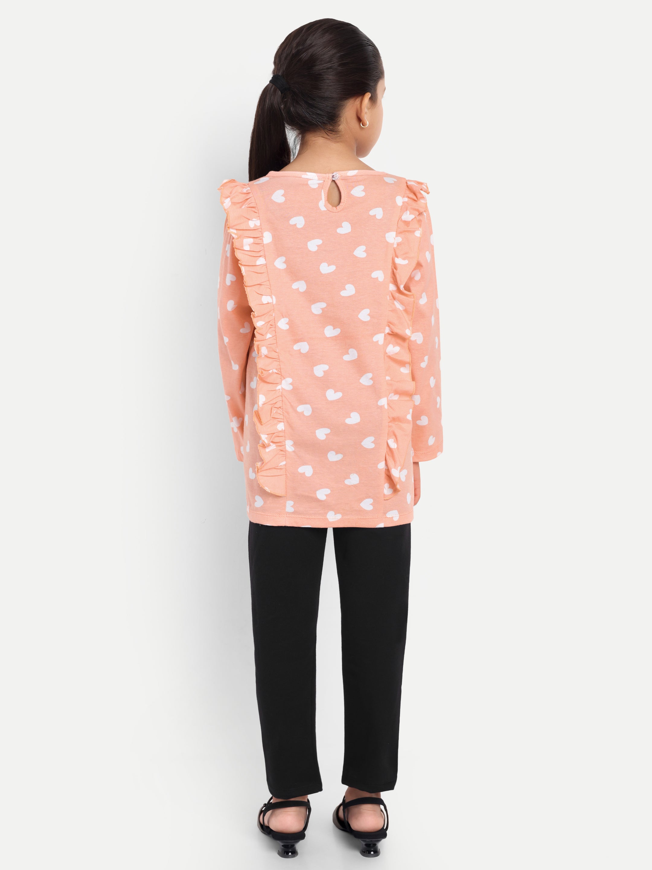 Cotton Knit Full Sleeves Hearts Printed Top with Frills and Lounge Pant