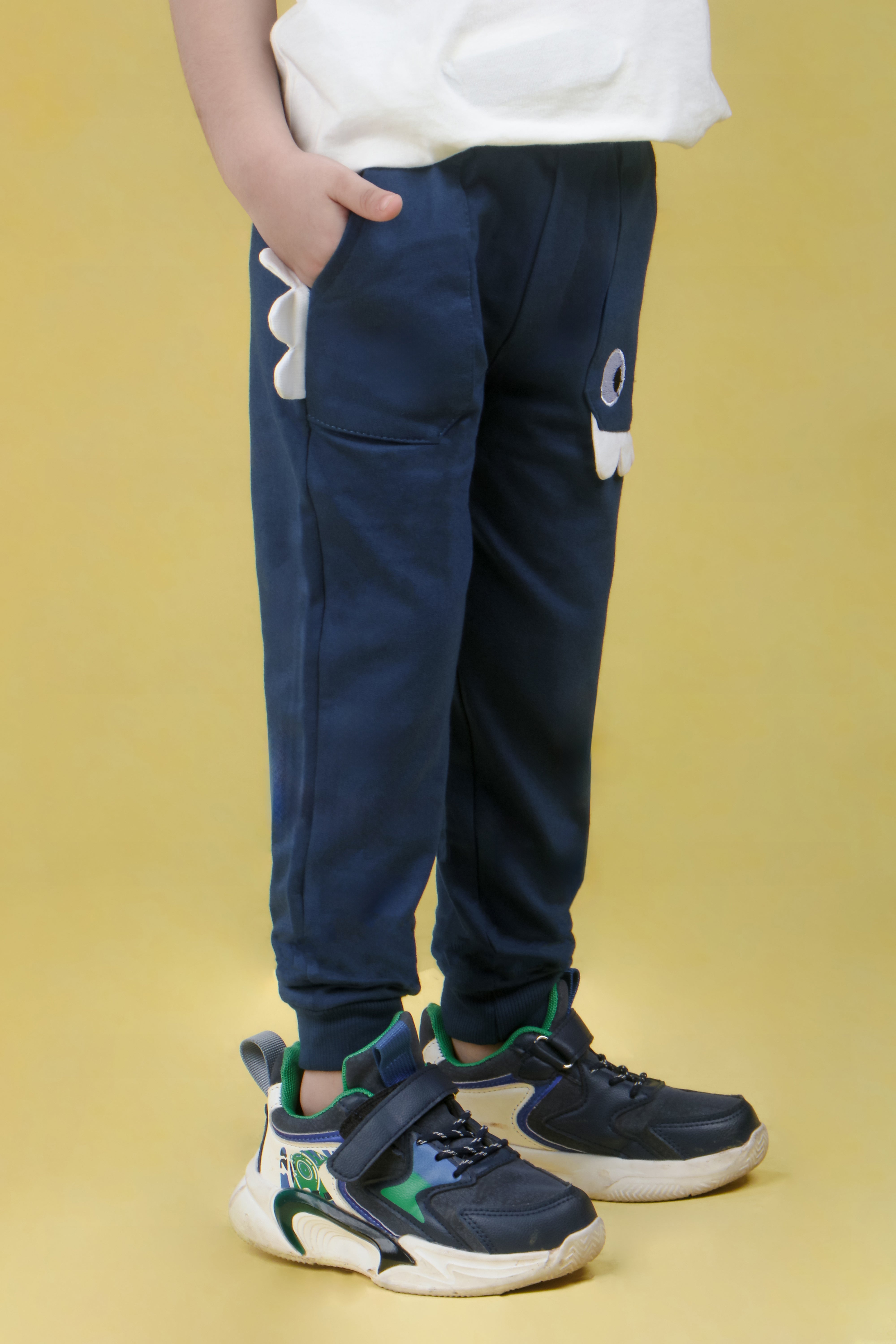 Cotton Loopknit Monster Pocket Joggers With Rib And Drawstring - Blue